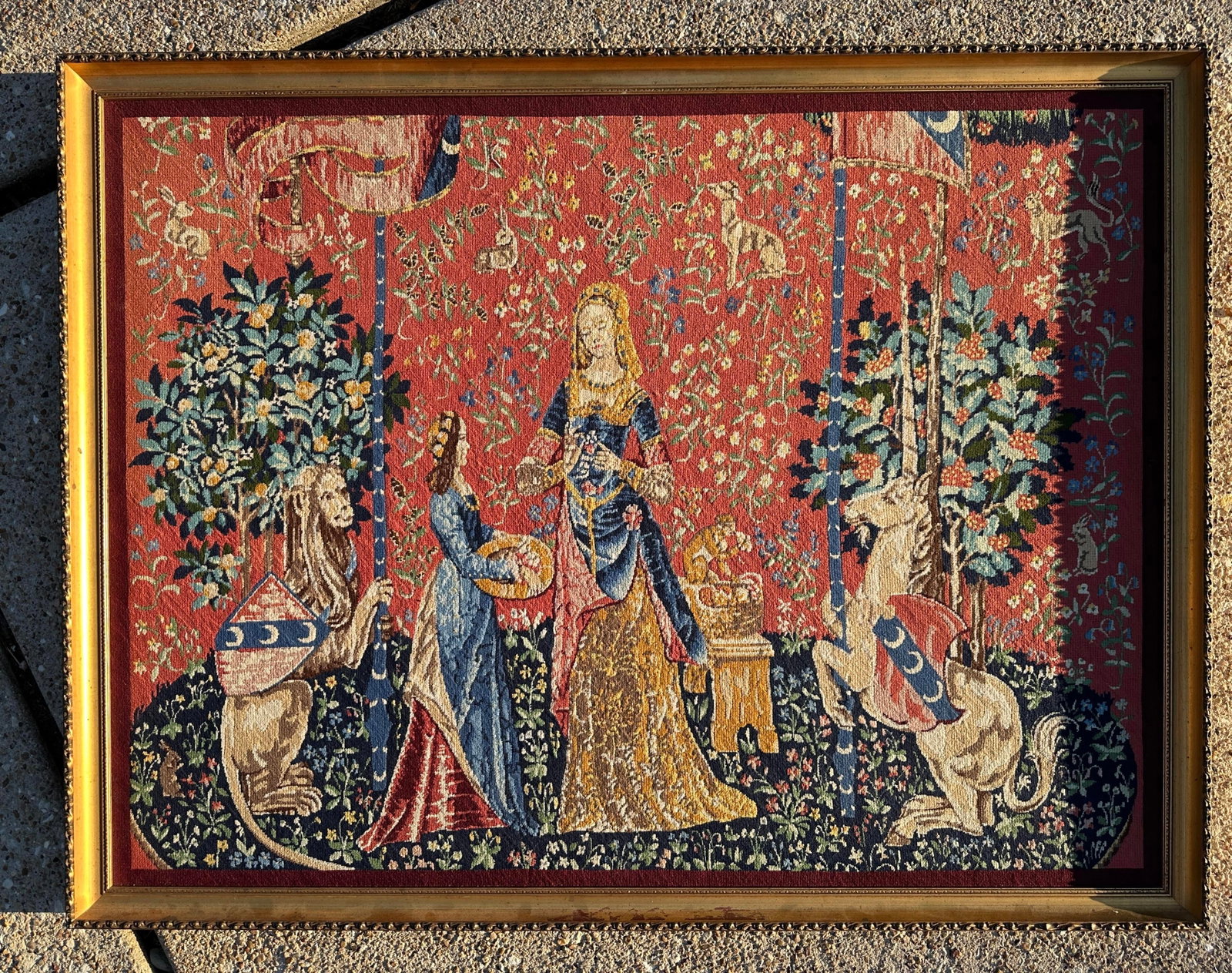 Antique Gold Guilt Framed Tapestry of Lady and Unicorn - 12