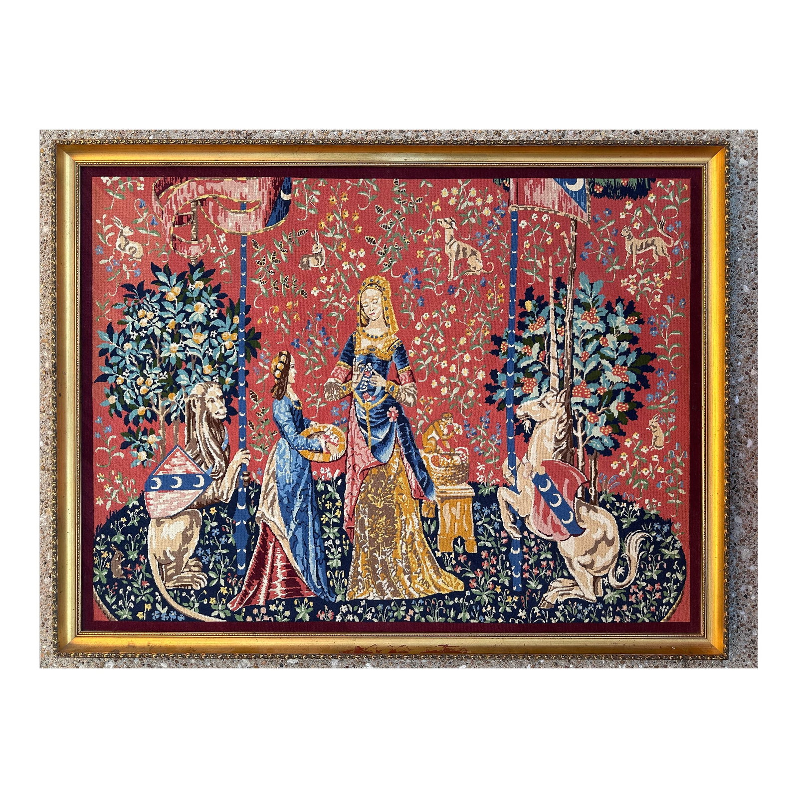 Antique Gold Guilt Framed Tapestry of Lady and Unicorn (1 of 12)