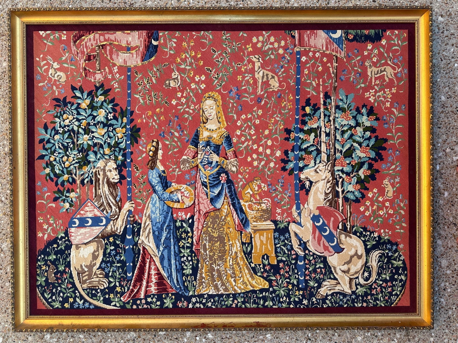 Antique Gold Guilt Framed Tapestry of Lady and Unicorn - 2