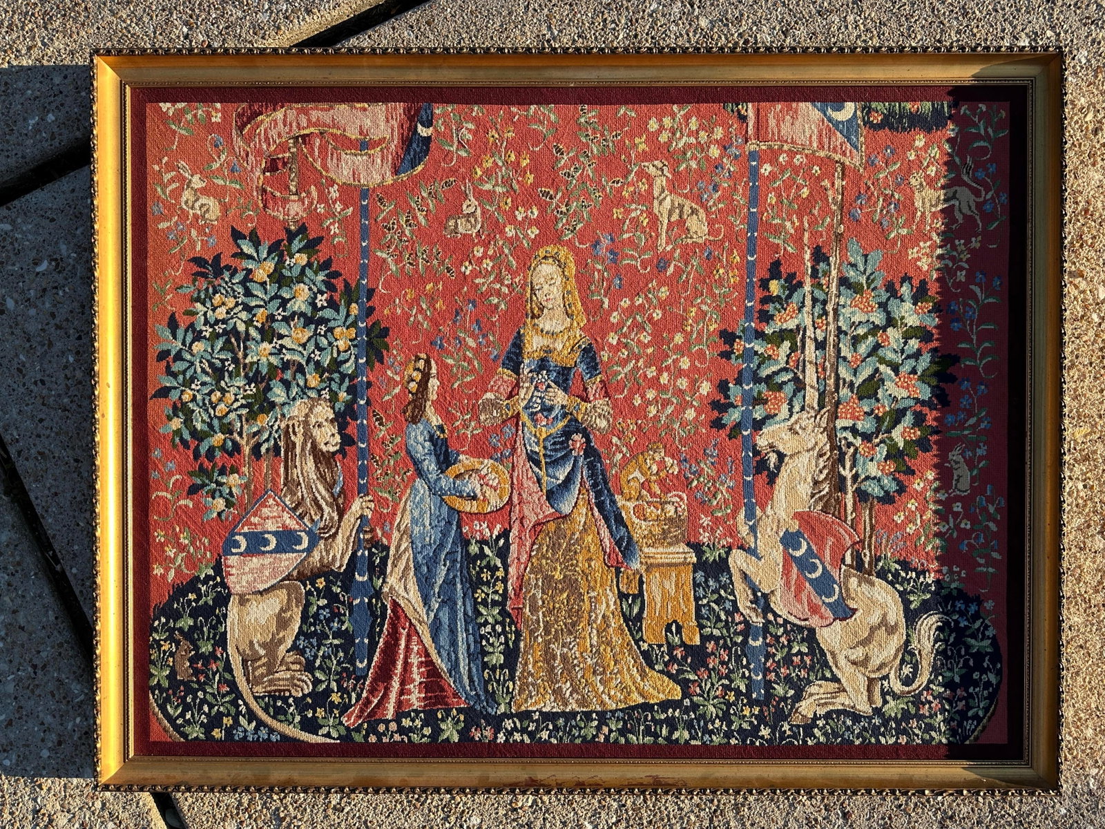 Antique Gold Guilt Framed Tapestry of Lady and Unicorn - 3