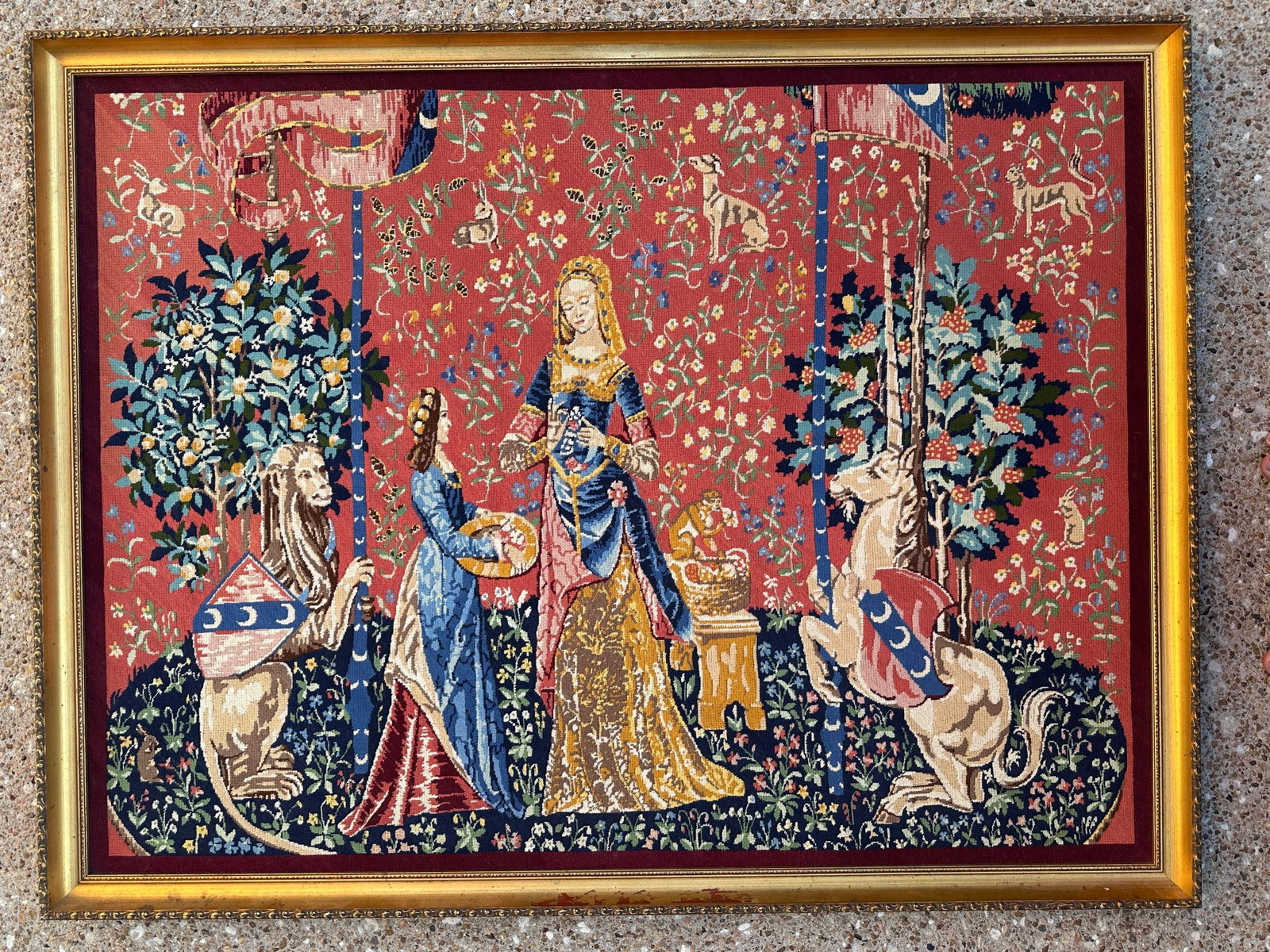Antique Gold Guilt Framed Tapestry of Lady and Unicorn - 4