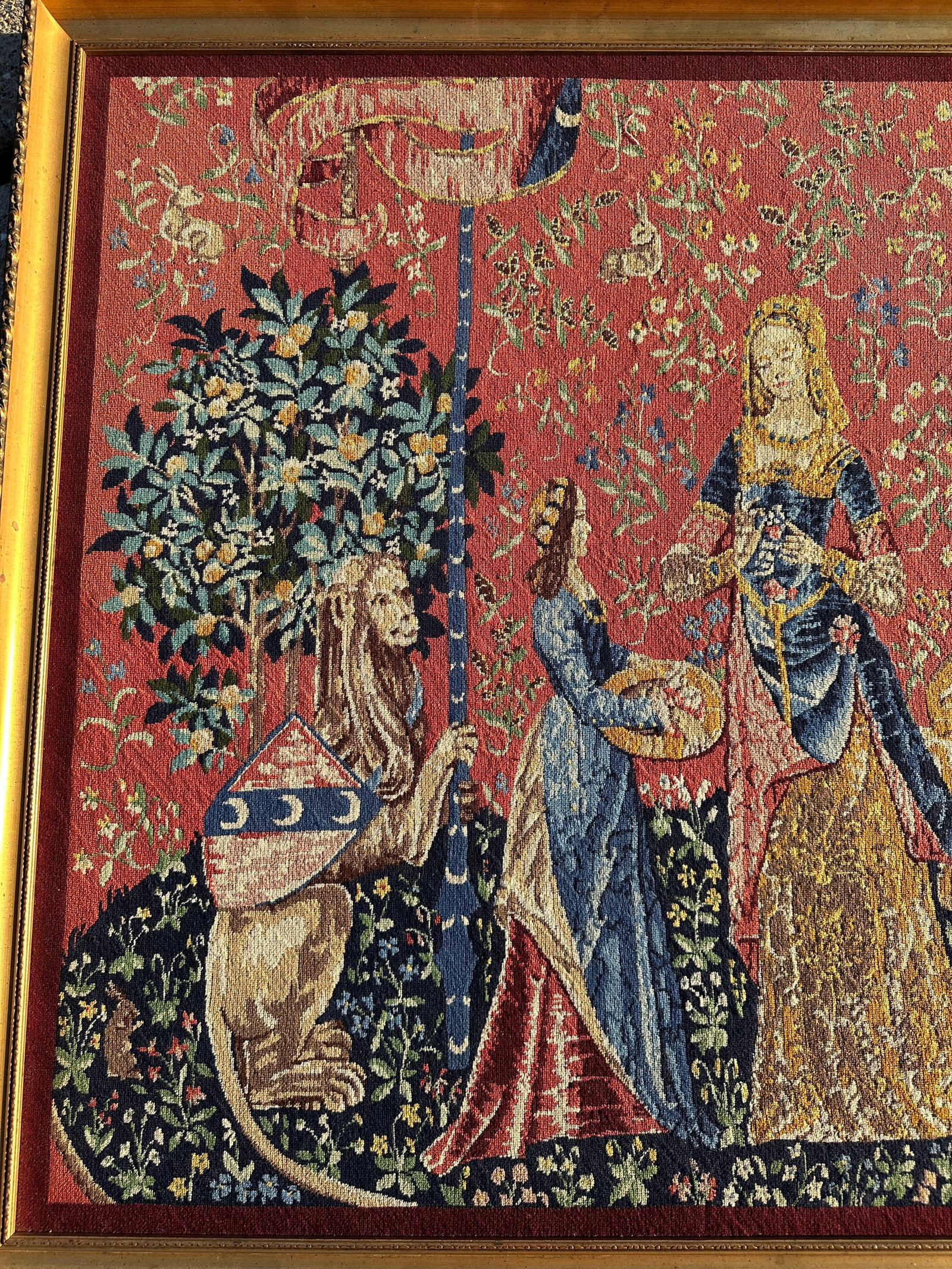 Antique Gold Guilt Framed Tapestry of Lady and Unicorn - 5