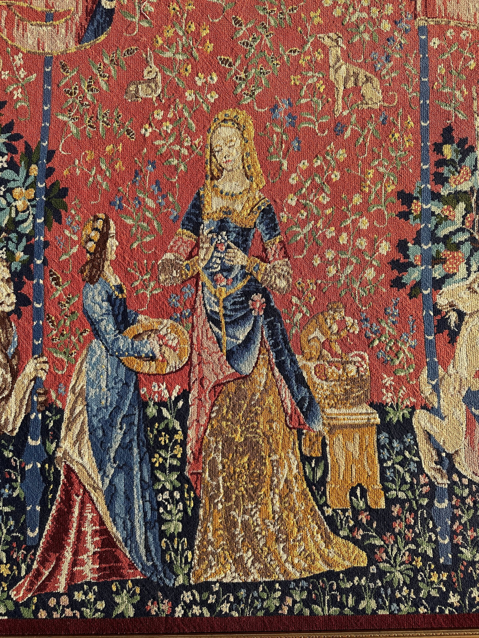 Antique Gold Guilt Framed Tapestry of Lady and Unicorn - 6