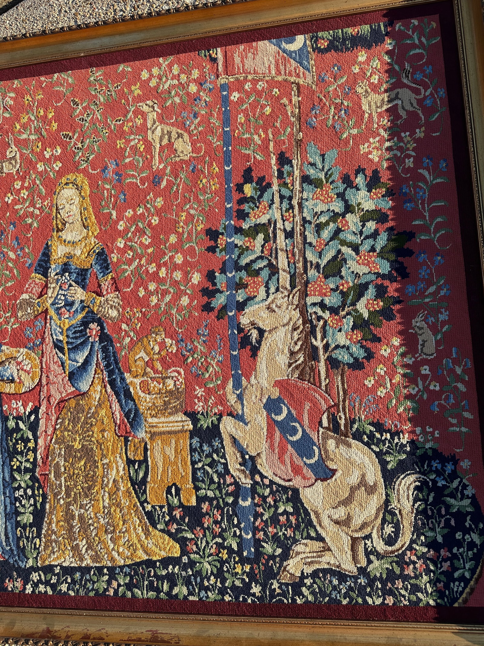 Antique Gold Guilt Framed Tapestry of Lady and Unicorn - 7