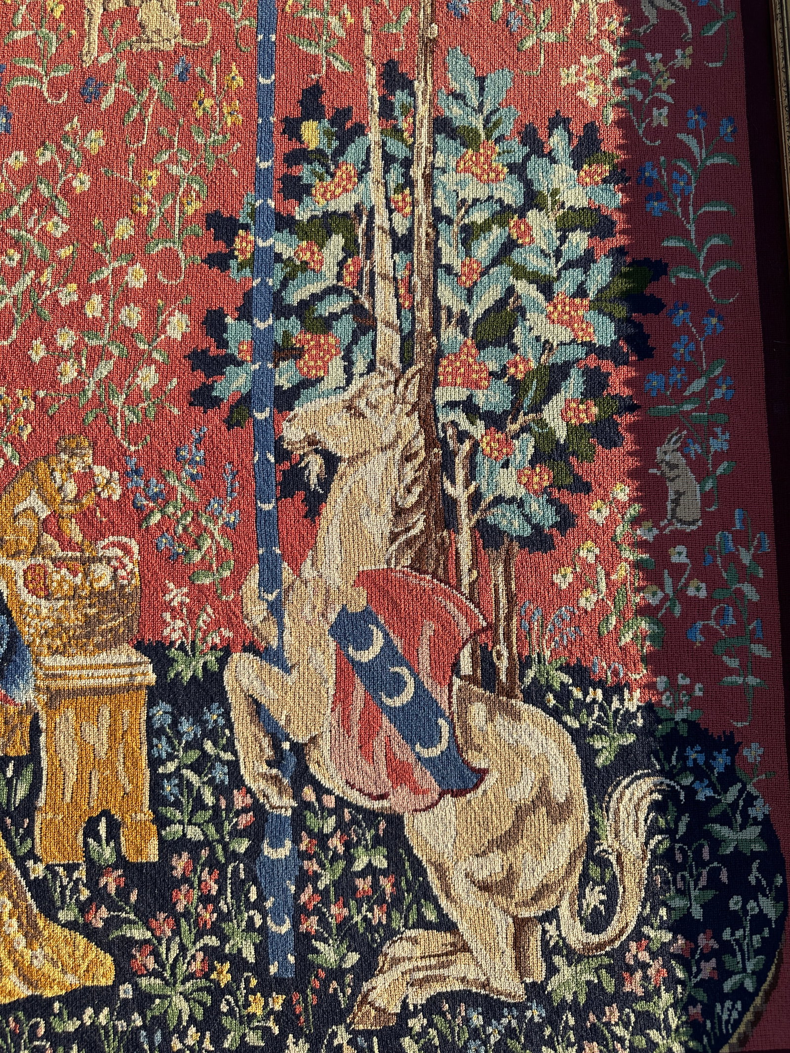 Antique Gold Guilt Framed Tapestry of Lady and Unicorn - 9