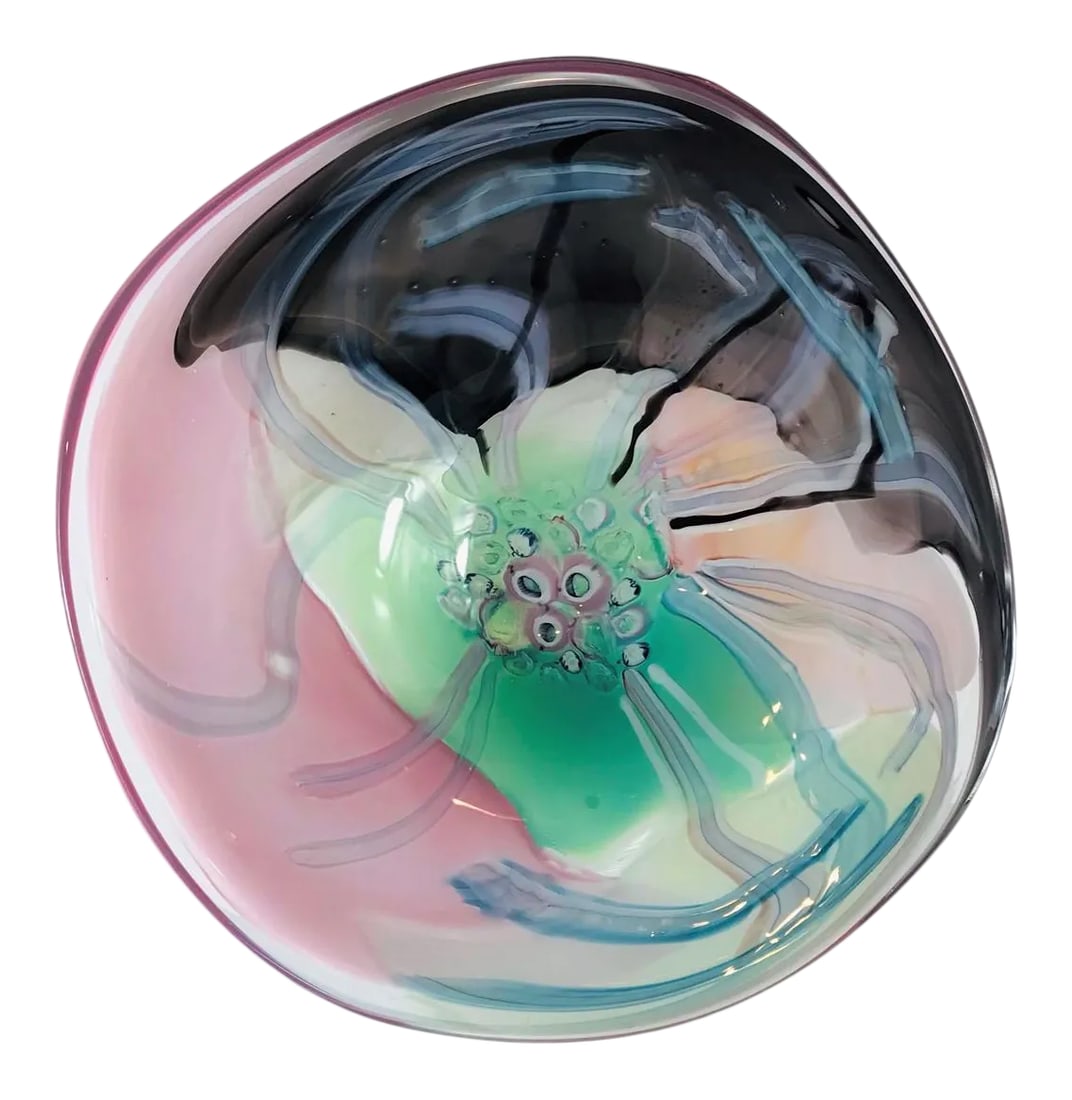 Mid Century Modern Murano Style Shallow Glass Bowl: The handmade pink glass bowl is a successful attempt to paint on glass. it is a beautiful presentation of multiple colors in layers accented with bold strokes. Tiny circlets of glass in the center