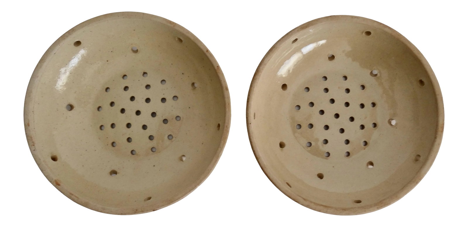 19th-Century French Cheese Mold Moule A Fromage, Pair: A set of 2 19th-Century French faience cheese molds, or moule a fromage. They are from Provence and are evocative of a traditional country French farmhouse. They are utilitarian as well as decorative 
