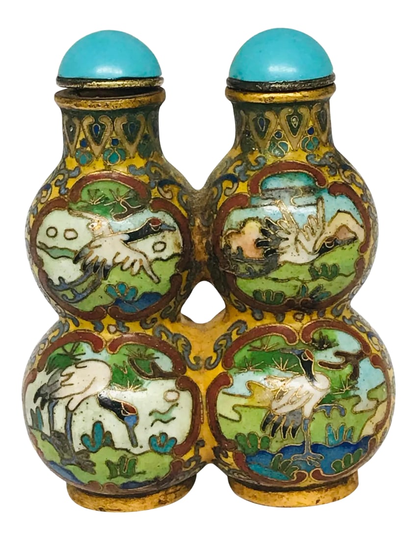 1920s Twin Double Gourd Snuff Bottles: The double gourd form is a favorite among the Chinese on account of its symbolism. It is often associated with wish granting and magic. The Daoist Immortal Zhang Guolao is often featured with a double