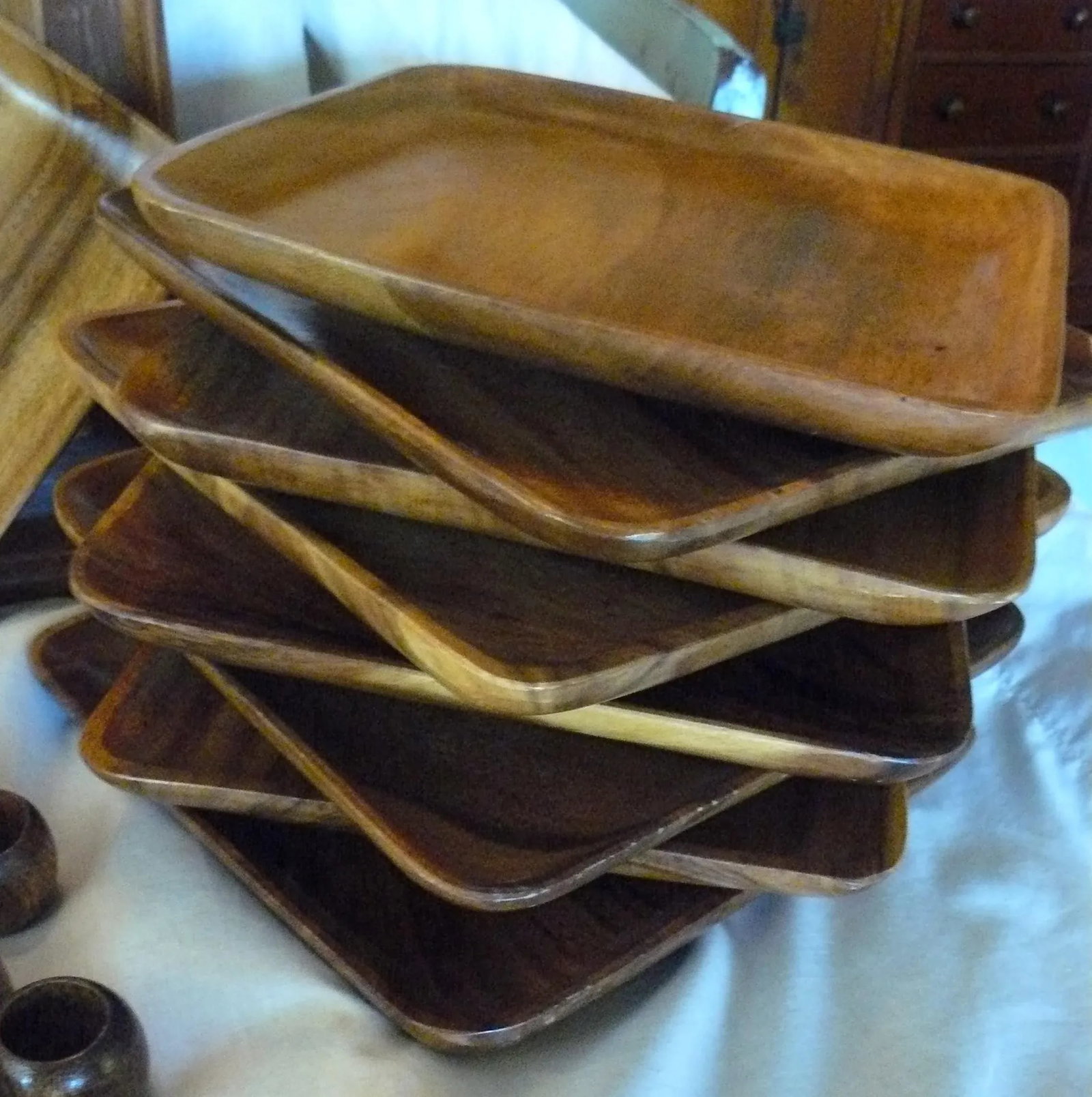 Vintage Mid 20th Century Teak Tray, Plate and Napkin Rings Picnic Set - 28 Pieces - 9