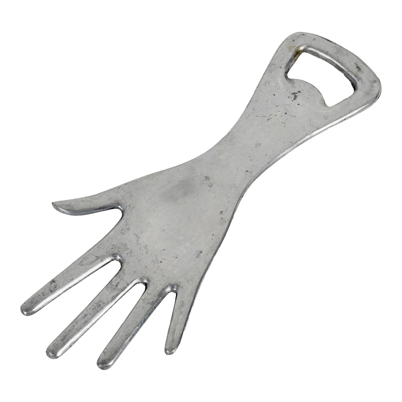 Vintage Italian Hand Bottle Opener: A large, decorative bottle opener in the form of an open hand. It is made of aluminum and bears an Italian mark. It comes from the 1970s. Visible traces of use and patina. great accessory for your hom