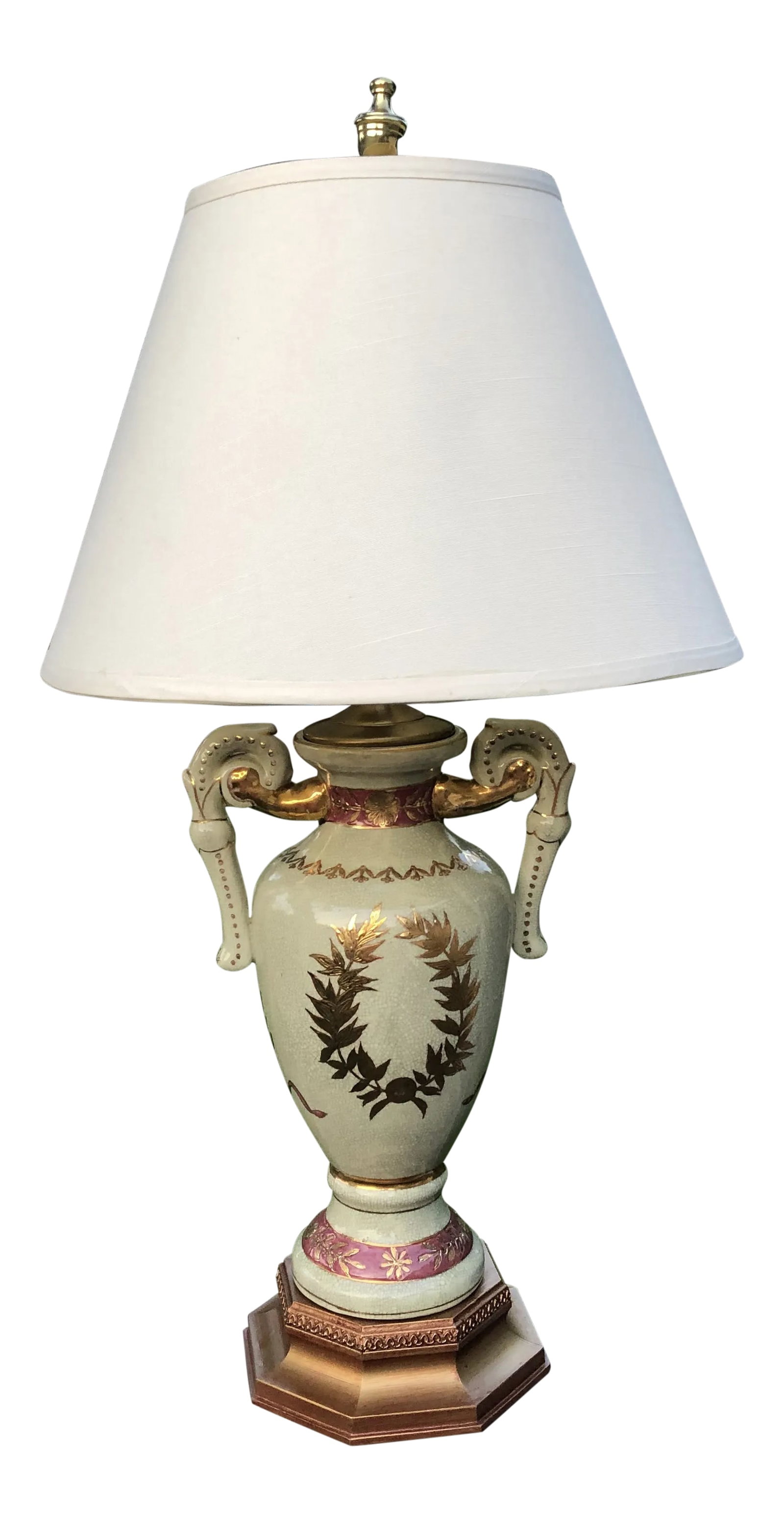 Vintage Mid 20th Century Bradburn Gallery Porcelain Urn Table Lamp: Vintage porcelain urn table lamp from Bradburn Gallery. Fine crackled finish with pink and gold acanthus leaf design sets on a copper colored base. Lamp measures 18" to top of socket, 26" to top of fi