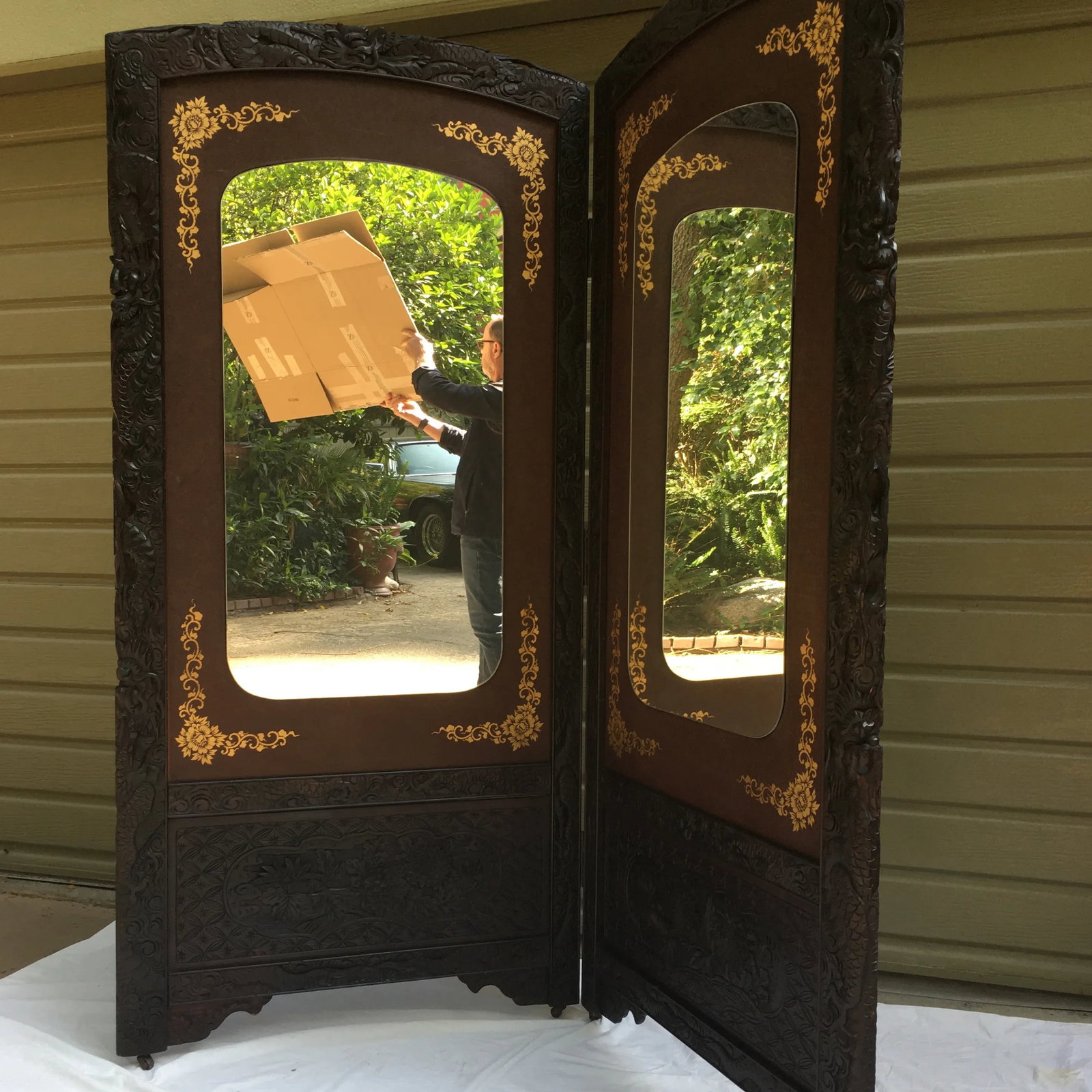 19th Century Asian Mirrored Carved Screen - 2