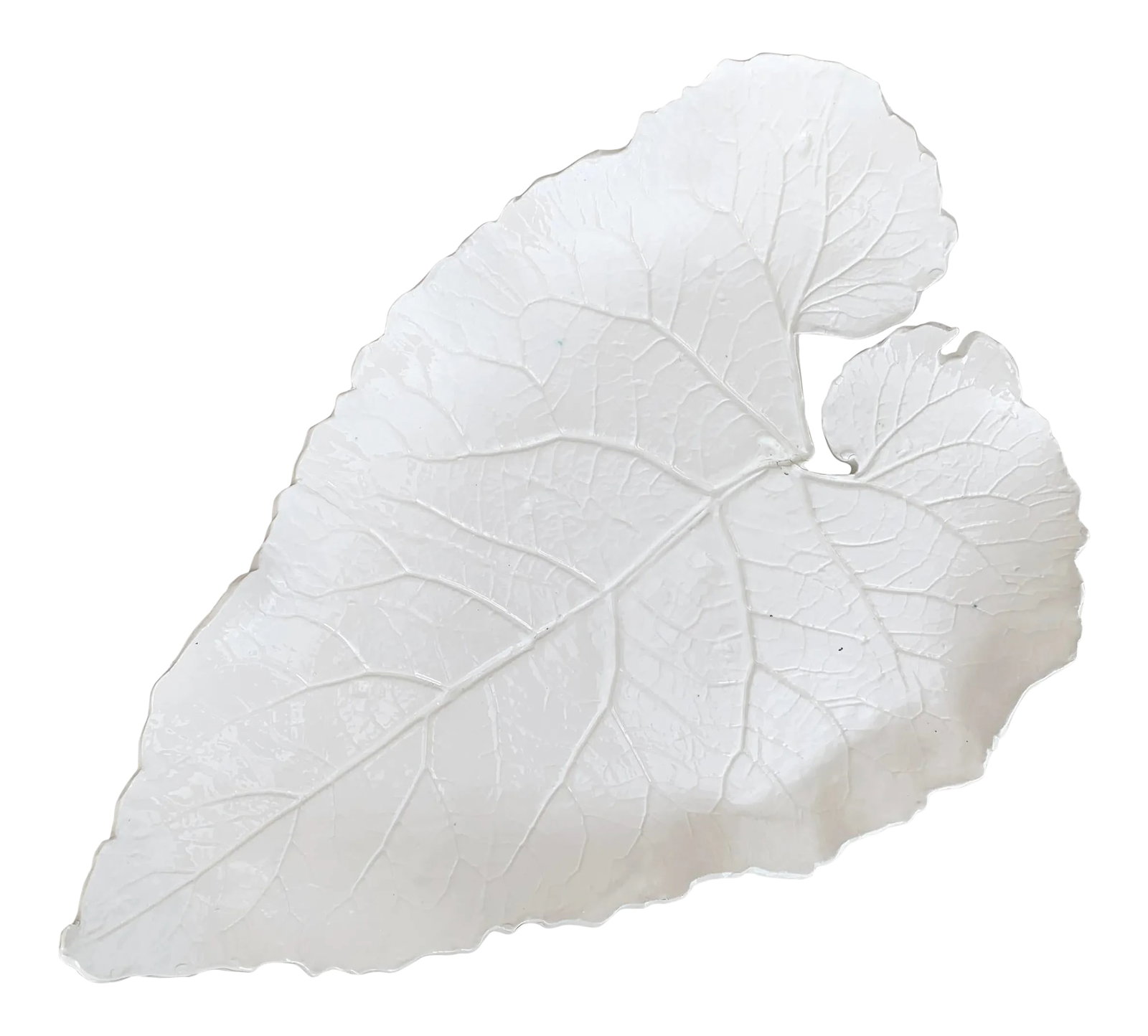 Large Porcelain Leaf Platter: A large studio-made porcelain leaf platter cast from a real leaf, and finished with a clear glaze. Marked in green with the initials of the artist on the back side. Condition: Alterations: Original