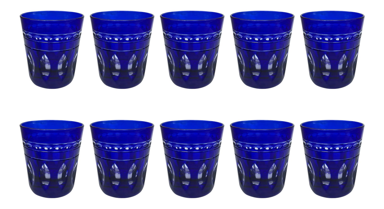 Set of Ten Val Saint Lambert Kent York Dof Glasses: A chic set of ten mid-20th century Belgian Val Saint Lambert DOF cut cobalt crystal glasses, Kent York pattern. Perfect for cocktails, juice, water, or wine at your next Hamptons garden party!