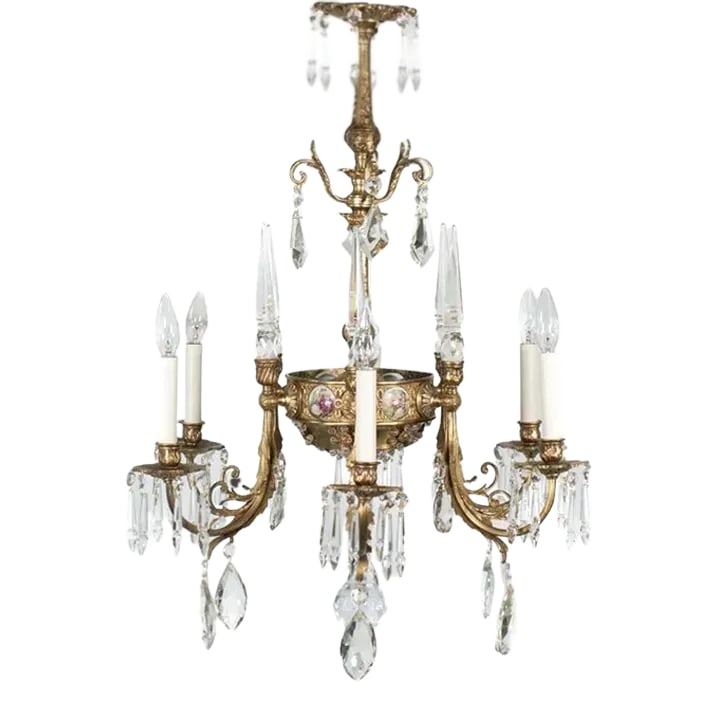 Early 20th Century French Rococo Revival Six Arm Gilt Bronze and Crystal Chandelier With Porcelain P: This early 20th-century six-arm Rococo-style gilt bronze and crystal chandelier features porcelain plaques inspired by the works of Jean-Honore Fragonard, a renowned French Rococo painter. The Rococo