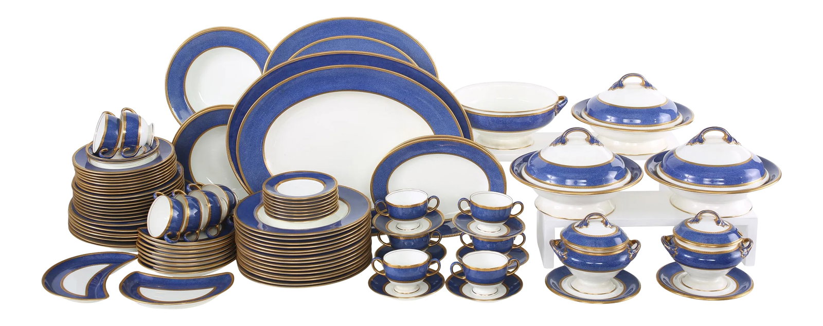 Early 20th Century Wedgwood Porcelain English Dinner Service for Twelve - 92 Pieces: Wedgwood Porcelain England dinnerware service for Twelve people with serving pieces. T. Goode London Crown mark & numbered " 1184 & 332" undersigned. Each piece is great vintage condition. Minor wear