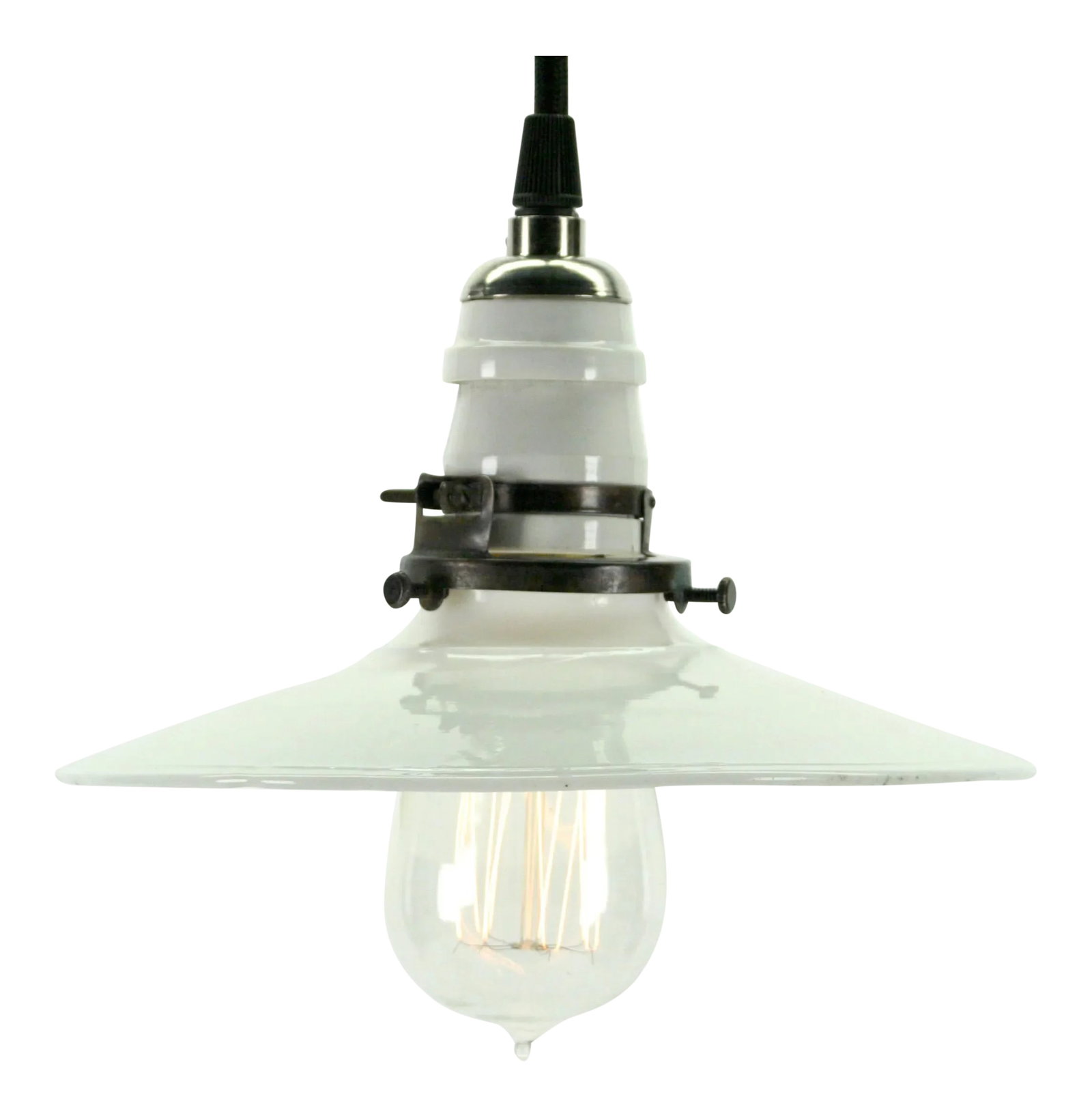 Vintage Industrial Utility Flat White Pendant Shade: Small flat hand blown white shade suspended from black rayon covered wire, with an old style, but new porcelain socket and ceiling canopy. Shade is hand made and not perfectly round or flat. 8" wide a