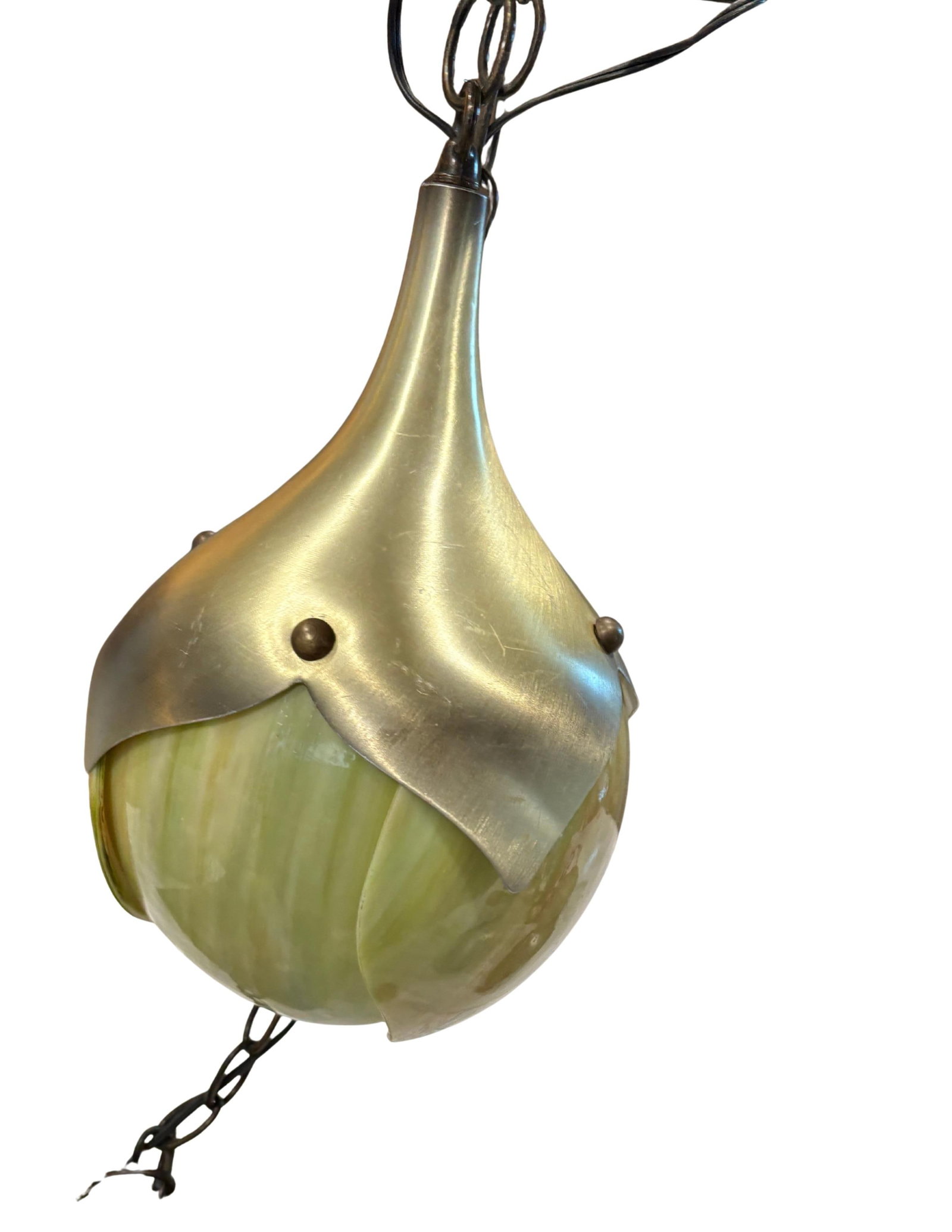 Mid Century Modern Slag Glass & Aluminum 1-Light Pendant, Ca. 1940 Swag Pendant Light Fixture - 2