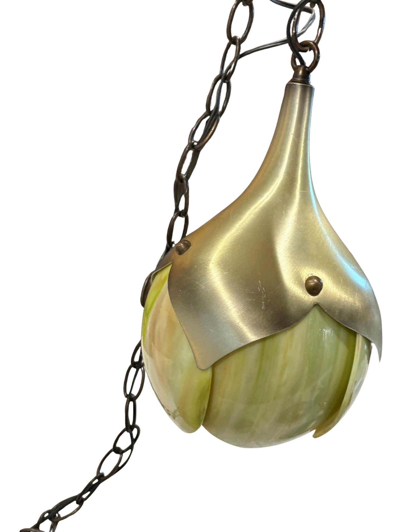 Mid Century Modern Slag Glass & Aluminum 1-Light Pendant, Ca. 1940 Swag Pendant Light Fixture - 4