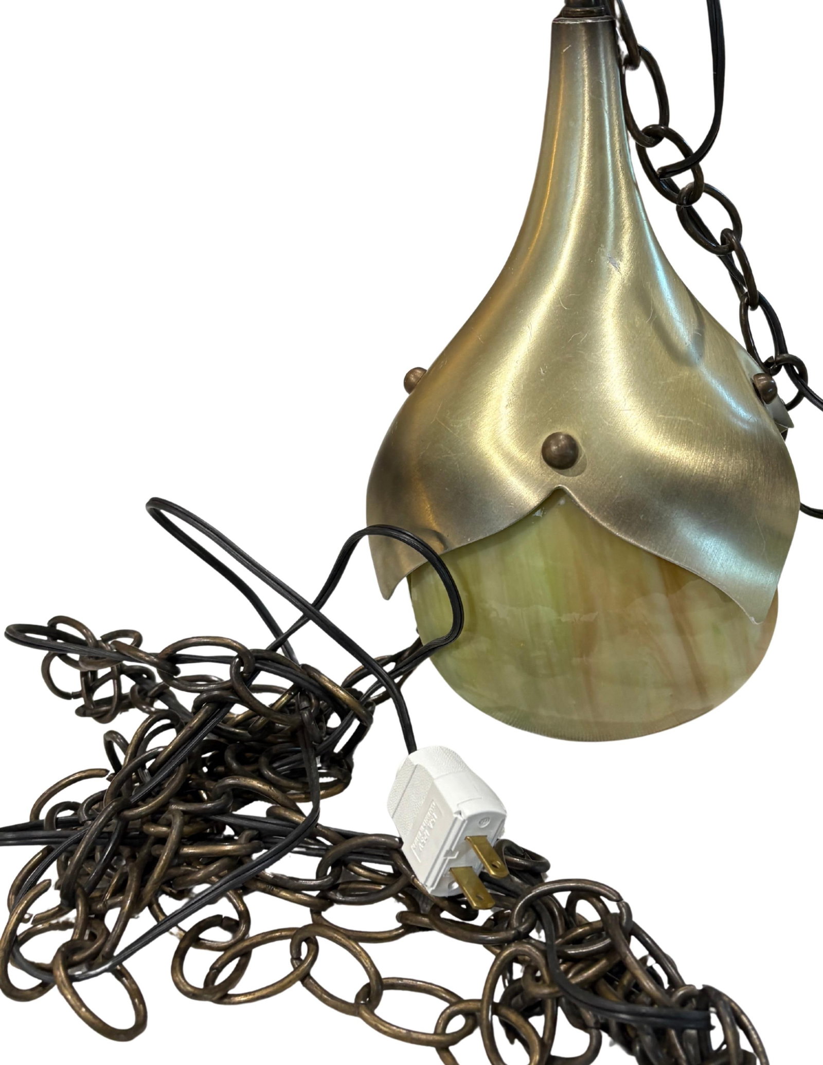 Mid Century Modern Slag Glass & Aluminum 1-Light Pendant, Ca. 1940 Swag Pendant Light Fixture - 7