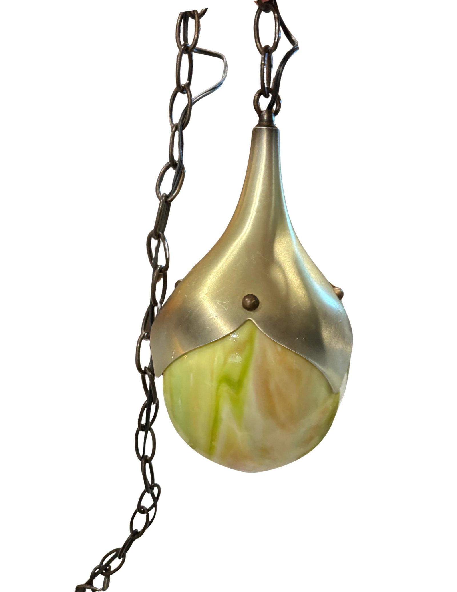 Mid Century Modern Slag Glass & Aluminum 1-Light Pendant, Ca. 1940 Swag Pendant Light Fixture - 9