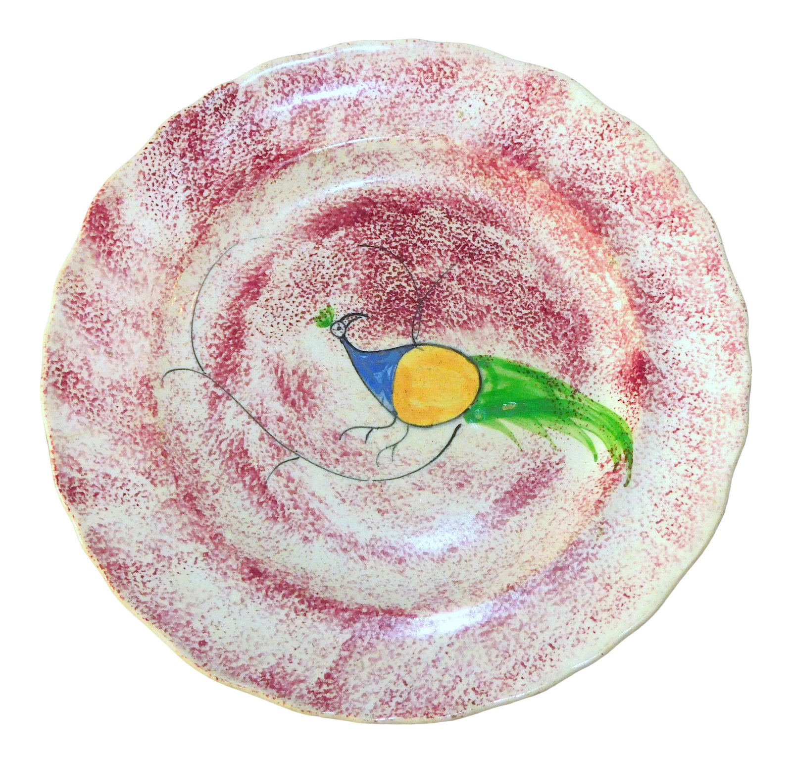 Antique Early 19th Century Spongeware Plate: 19th century red spongeware plate with peafowl decoration. A classic piece of American history! Condition: Alterations: Original Condition Unaltered Imperfections: Some Imperfections Condition Notes: