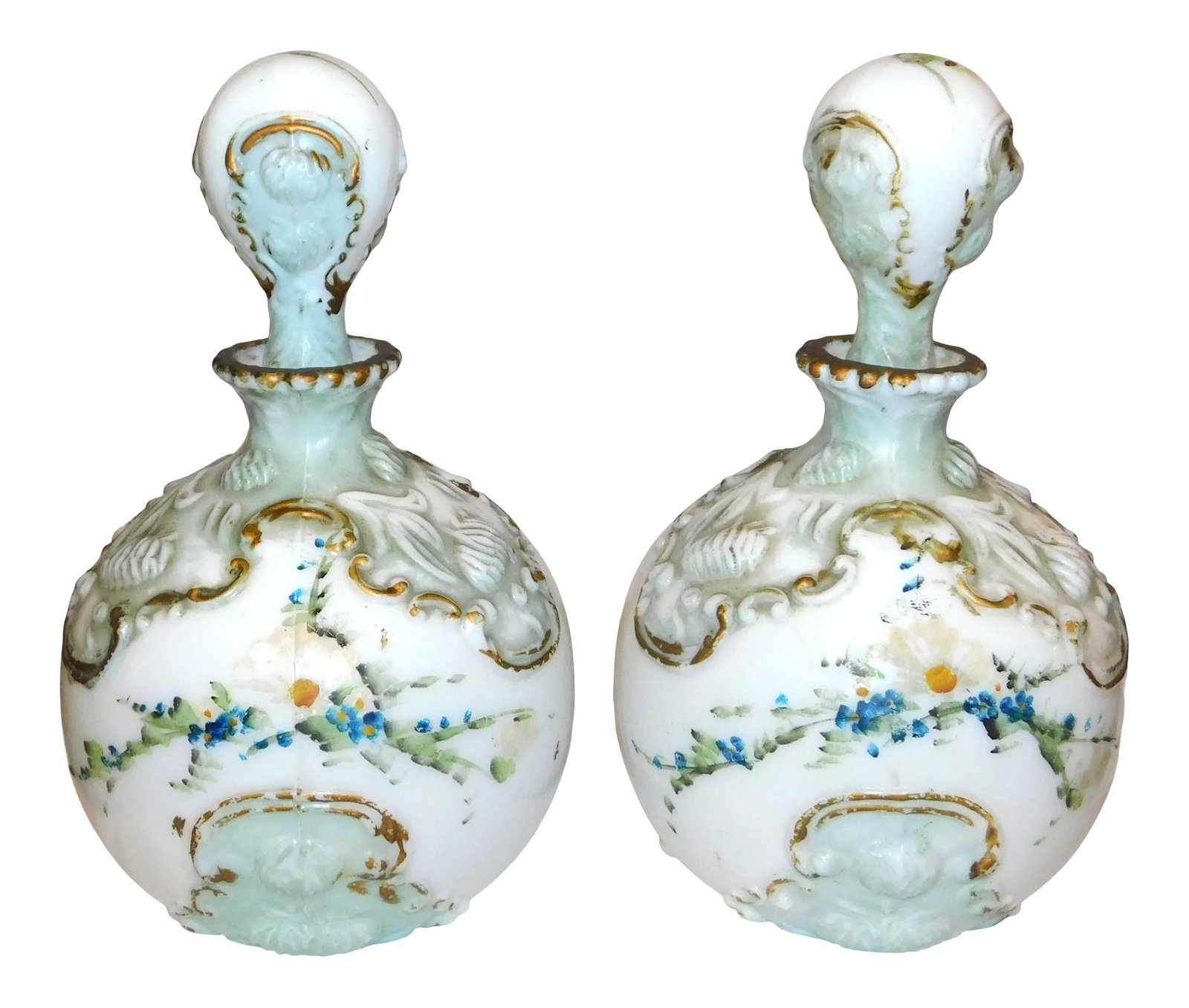 Late 19th Century Dithridge Vanity Bottles - a Pair: Fabulous pair of hand painted milk glass vanity/apothecary bottles by Dithridge. Some wear to paint, but amazing condition for the age! What an eye-catching accent! Condition: Alterations: Original