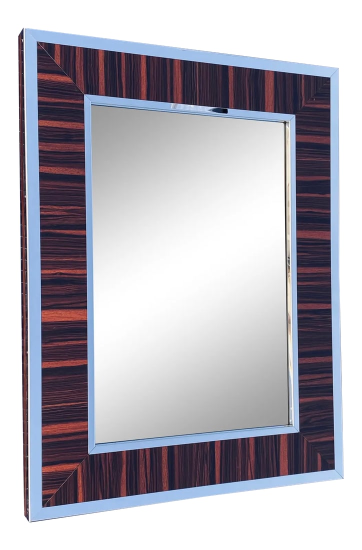 Williams-Sonoma Zebra Wood and Chrome Frame Wall Mirror: Zebra wood veneer and chrome trim framed large wall mirror by William Sonoma "Fulton" line collection. Very heavy in weight. Condition: Alterations: Original Condition Unaltered Imperfections: Some