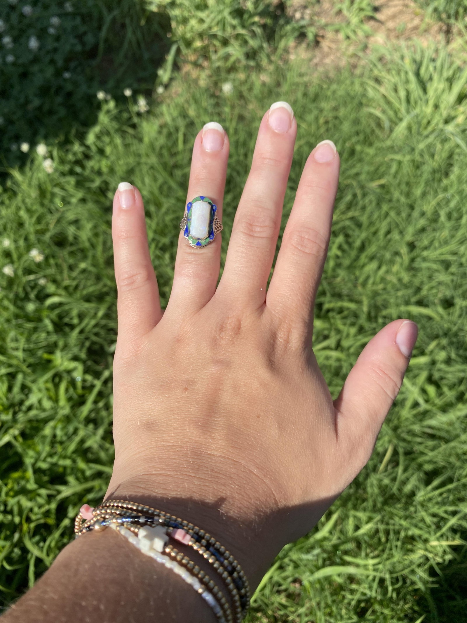1930s Art Deco Large Opal Rectangular Ring, 14k White Gold, Ring Size 4.25 - 2