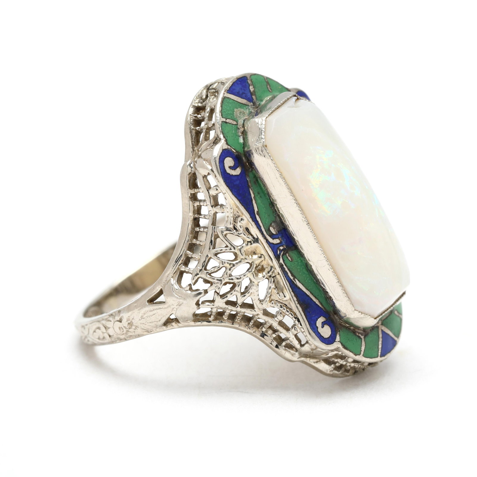 1930s Art Deco Large Opal Rectangular Ring, 14k White Gold, Ring Size 4.25 - 3