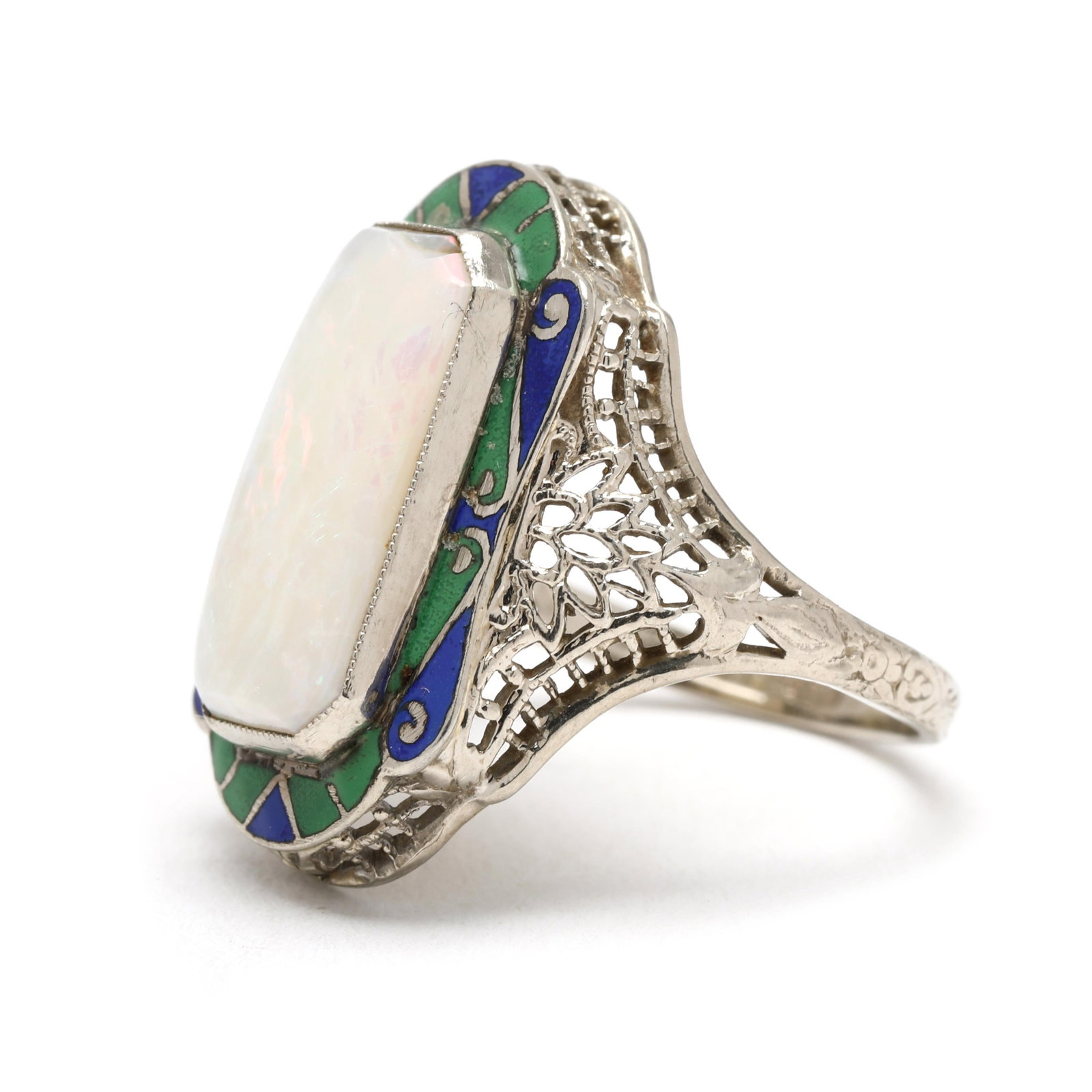 1930s Art Deco Large Opal Rectangular Ring, 14k White Gold, Ring Size 4.25 - 6