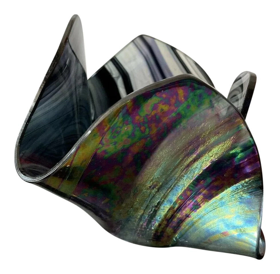 1990s Abstract Hand Blown Art Glass Handkerchief Vase: Vintage hand blown signed (see picture) art glass handkerchief iridescent aurene vase bowl. Beautiful colors sparkle blue, purple and green with swirled black ribbon interior. Measures 6" wide and 4" 