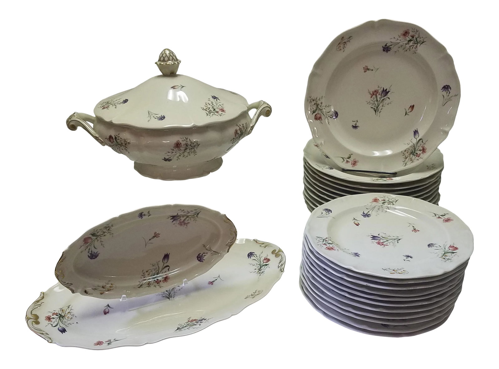 1950s French Limoges Porcelain Dinnerware Set- 26 Pieces: Set of Vintage French Limoges Dinnerware. See Makers Marks on the back of the pieces. Purchased from the Brittany region of France. Beautifully hand-painted with scattered flowers in shades of pink ye