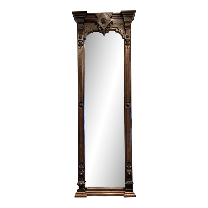 1910s Victorian Walnut Extra Tall Pier Mirror: A true stand-out piece and easily heirloom. This Victorian Walnut pier mirror stands at 101" tall and features a lovely pediment piece as well as a deep base. Exceptional vintage condition. pediment w