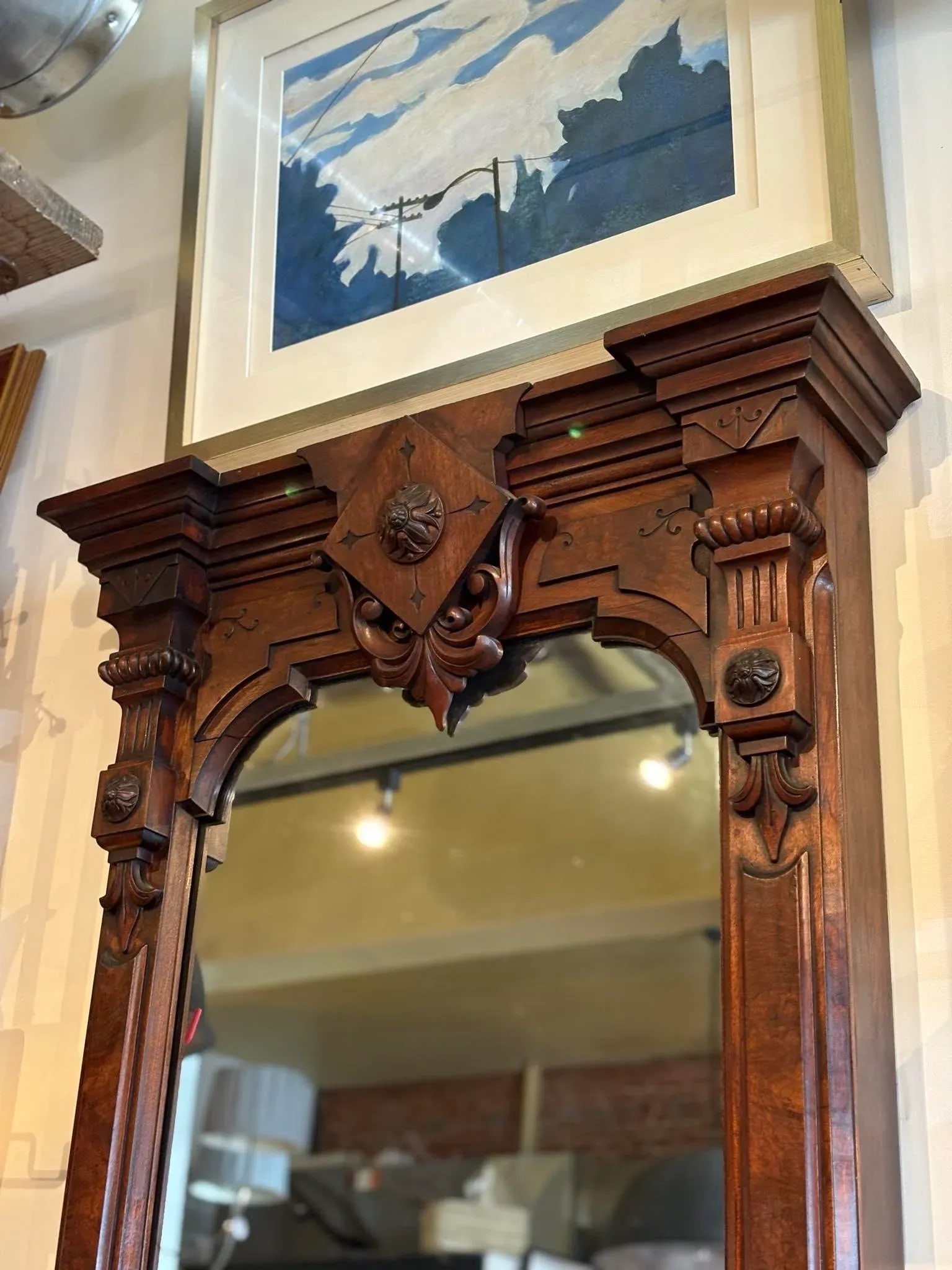 1910s Victorian Walnut Extra Tall Pier Mirror - 2