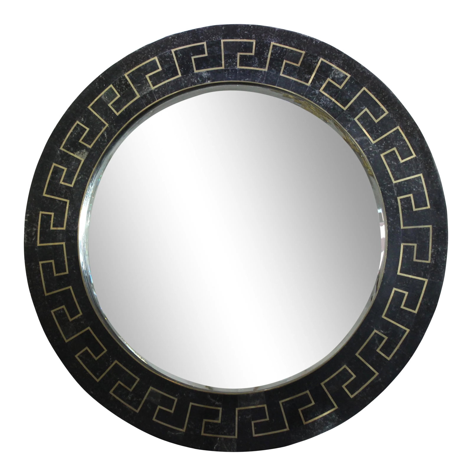 Greek Key Marble Wall Mirror 45"diam Maitland-Smith: Vintage Maitland Smith Tessellated Marble Wall Mirror with imbedded Brass Greek Key Motif from a Palm Beach estate Condition: Alterations: Original Condition Unaltered Imperfections: Some