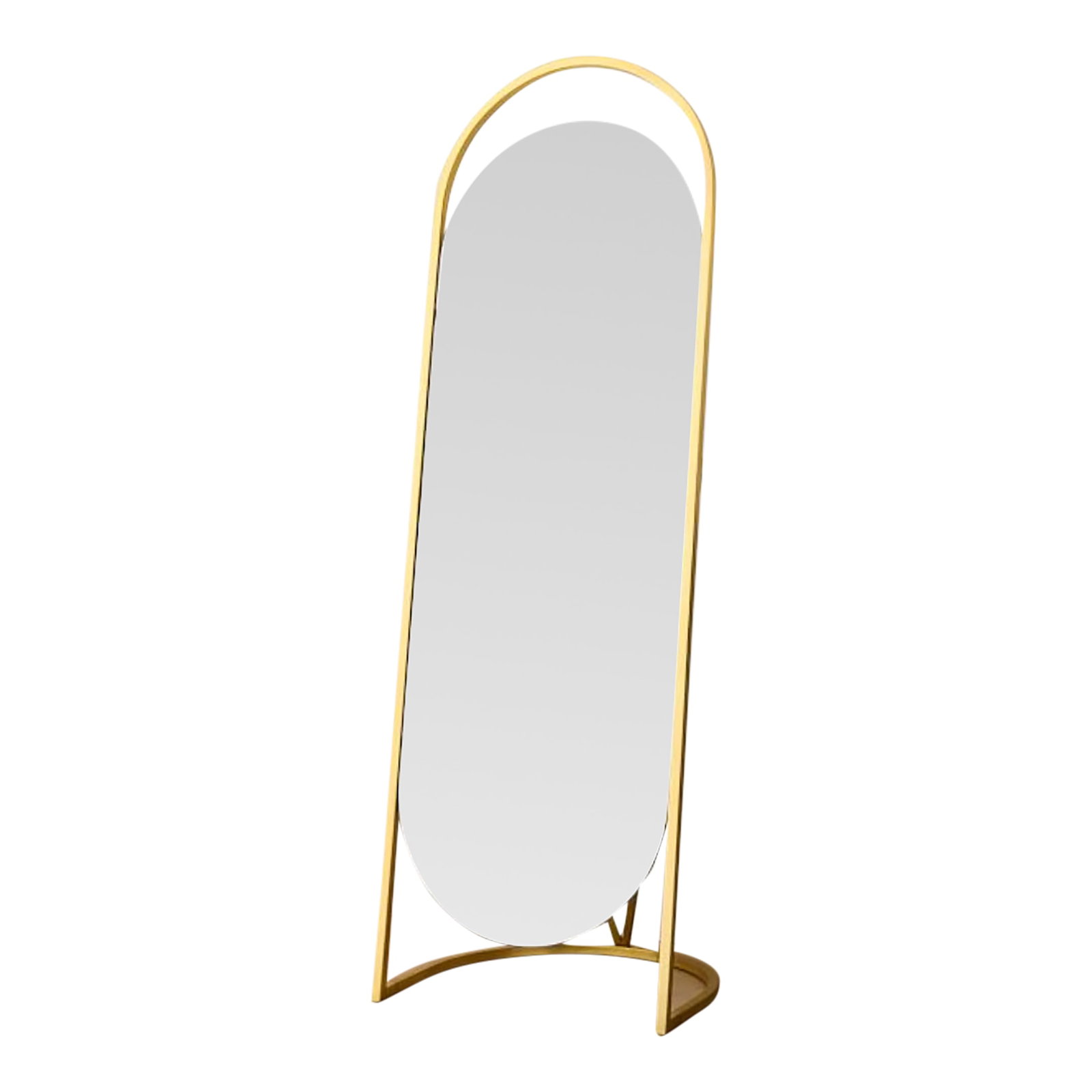 West Elm Folded Ellipse Standing Mirror, Antique Brass: West Elm Folded Ellipse Standing Mirror, Antique Brass. Metal frame in a plated Antique Brass finish. Mirrored glass. Mirror stands at a fixed angle; cannot be tilted. Condition: Alterations: Original