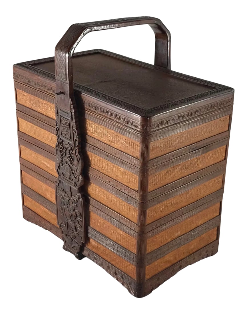 Antique Chinese Stacked Basket: The object is a stacked box with handle and also the representation of the best of bamboo weaving and wood carving. The wood carving is exquisitely done. The decorative panel on one side is a depictio