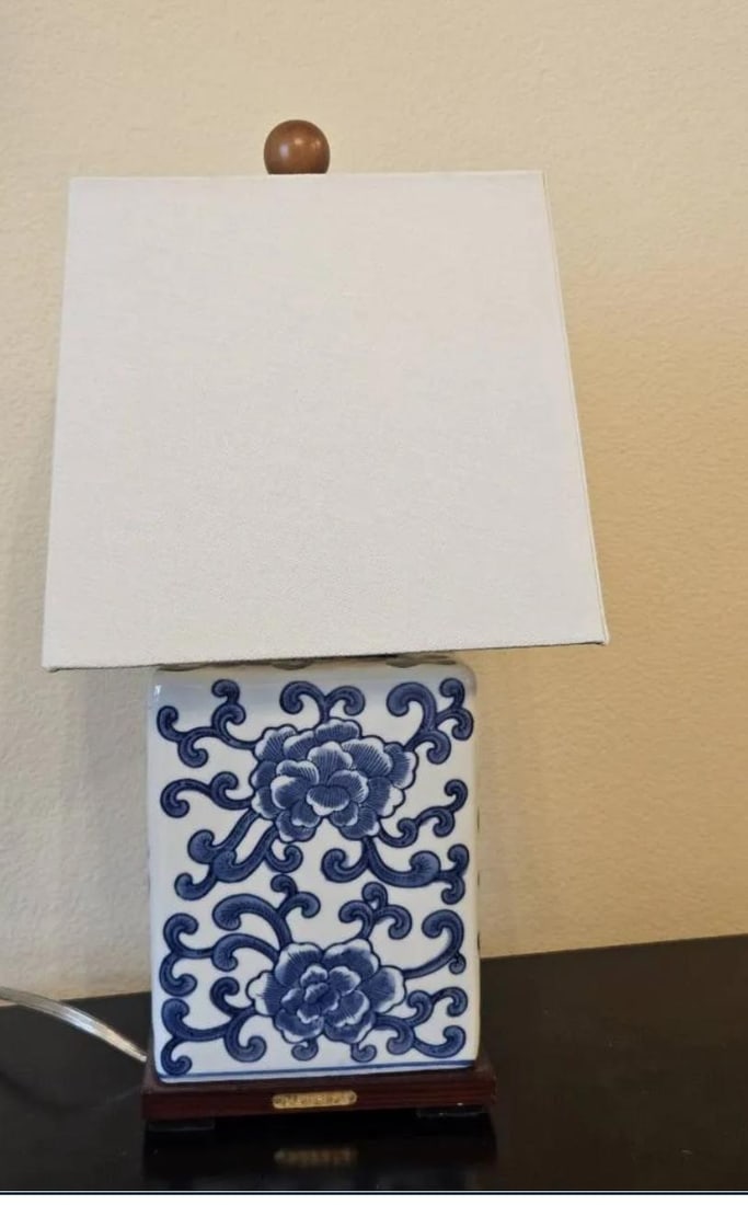 Set of 2 Ralph Lauren "Avalon" Blue Peony & Vine Painted Lamp With Square Cotton Shade - 2