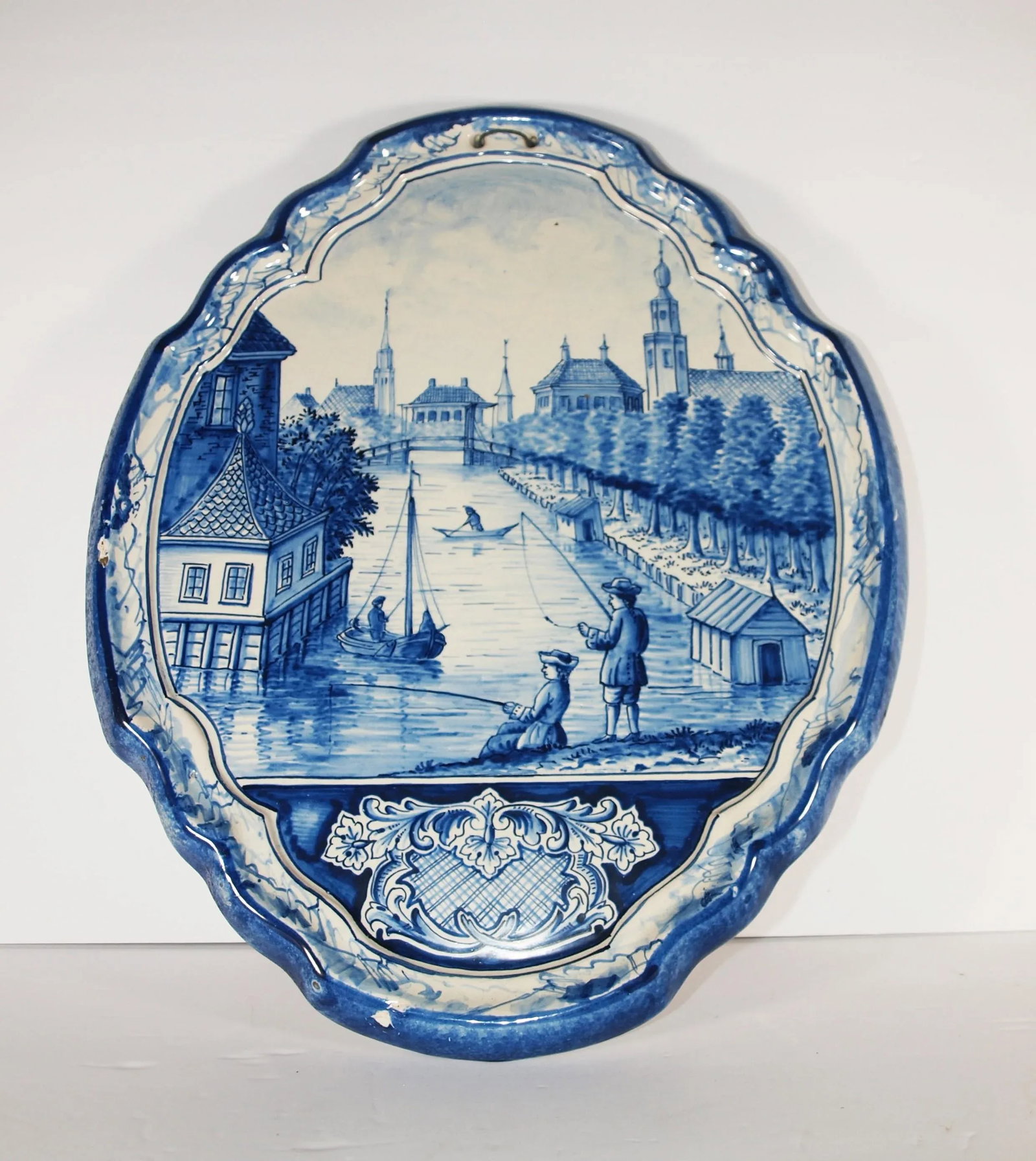 Two Antique Dutch Royal Makkum Delft Blue & White Plaques W/ Dutch Fishing Vessels - 2