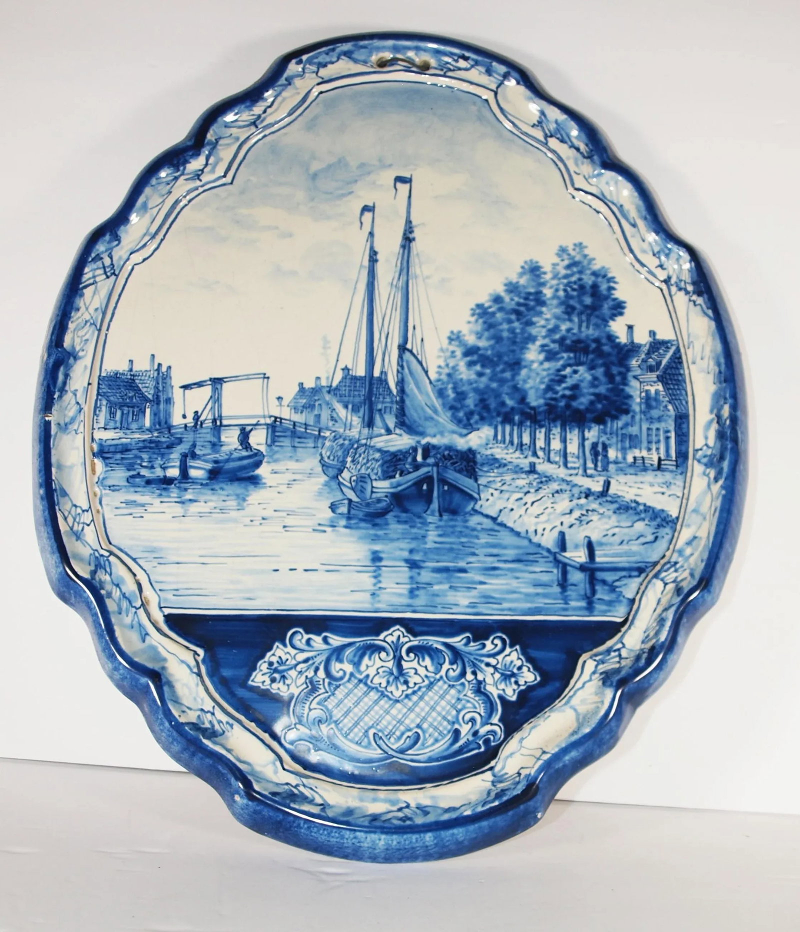 Two Antique Dutch Royal Makkum Delft Blue & White Plaques W/ Dutch Fishing Vessels - 8