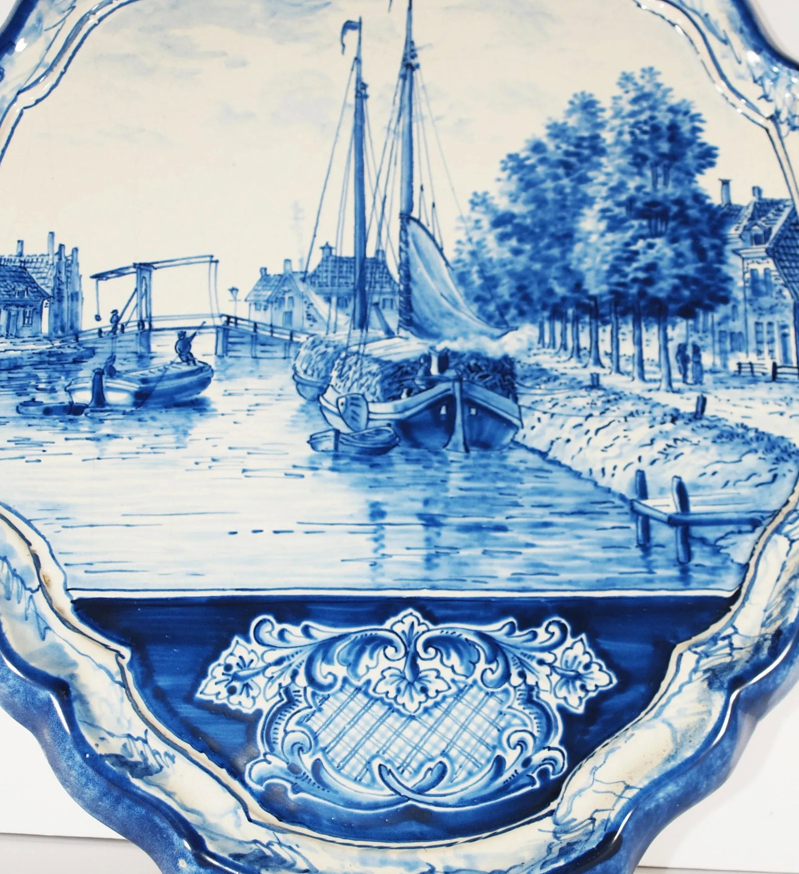 Two Antique Dutch Royal Makkum Delft Blue & White Plaques W/ Dutch Fishing Vessels - 9