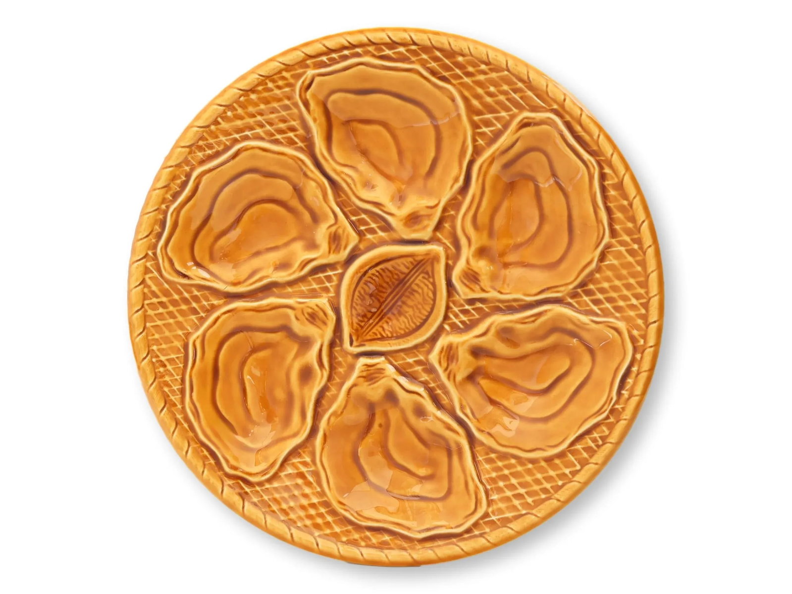 Midcentury French Majolica Amber Oyster Plates, Set of 6 - 2