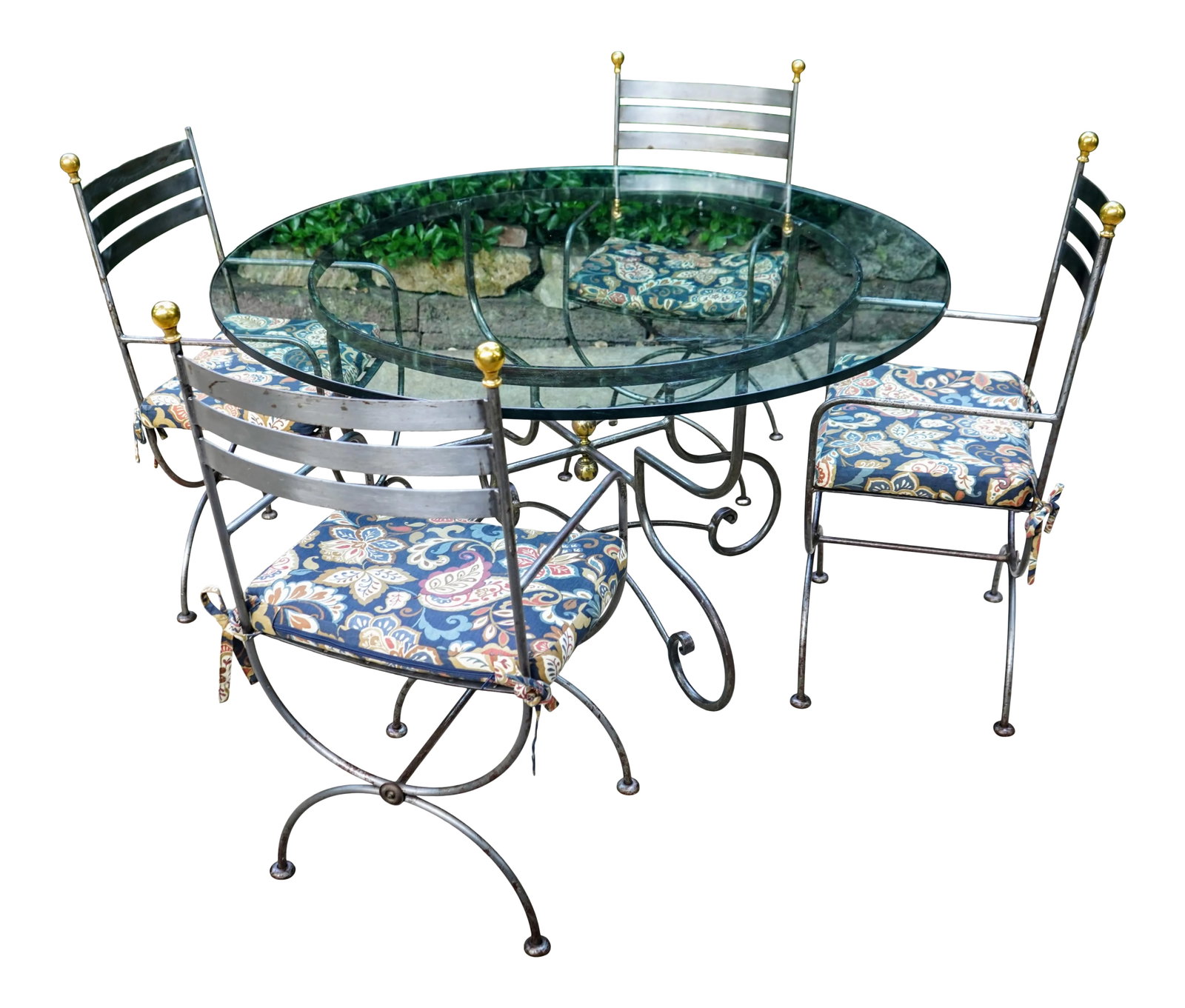 Vintage Savonarola Style Wrought Iron & Brass Round Glass Top Dining Table & 4 Campaign Chairs (1 of 13)