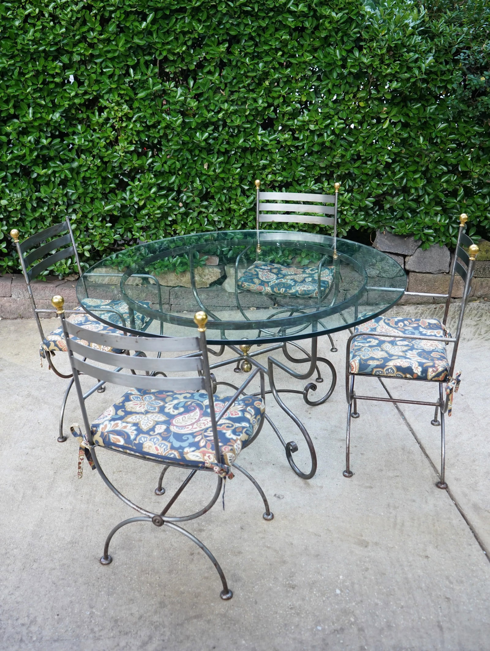 Vintage Savonarola Style Wrought Iron & Brass Round Glass Top Dining Table & 4 Campaign Chairs - 2