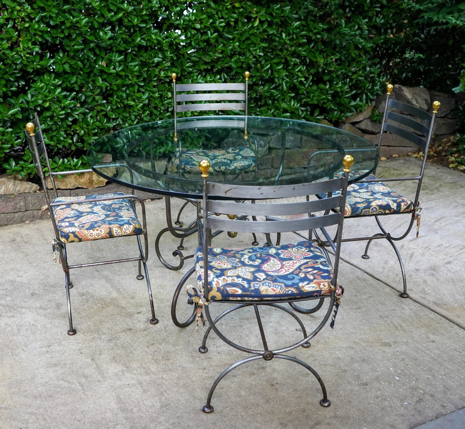 Vintage Savonarola Style Wrought Iron & Brass Round Glass Top Dining Table & 4 Campaign Chairs - 3