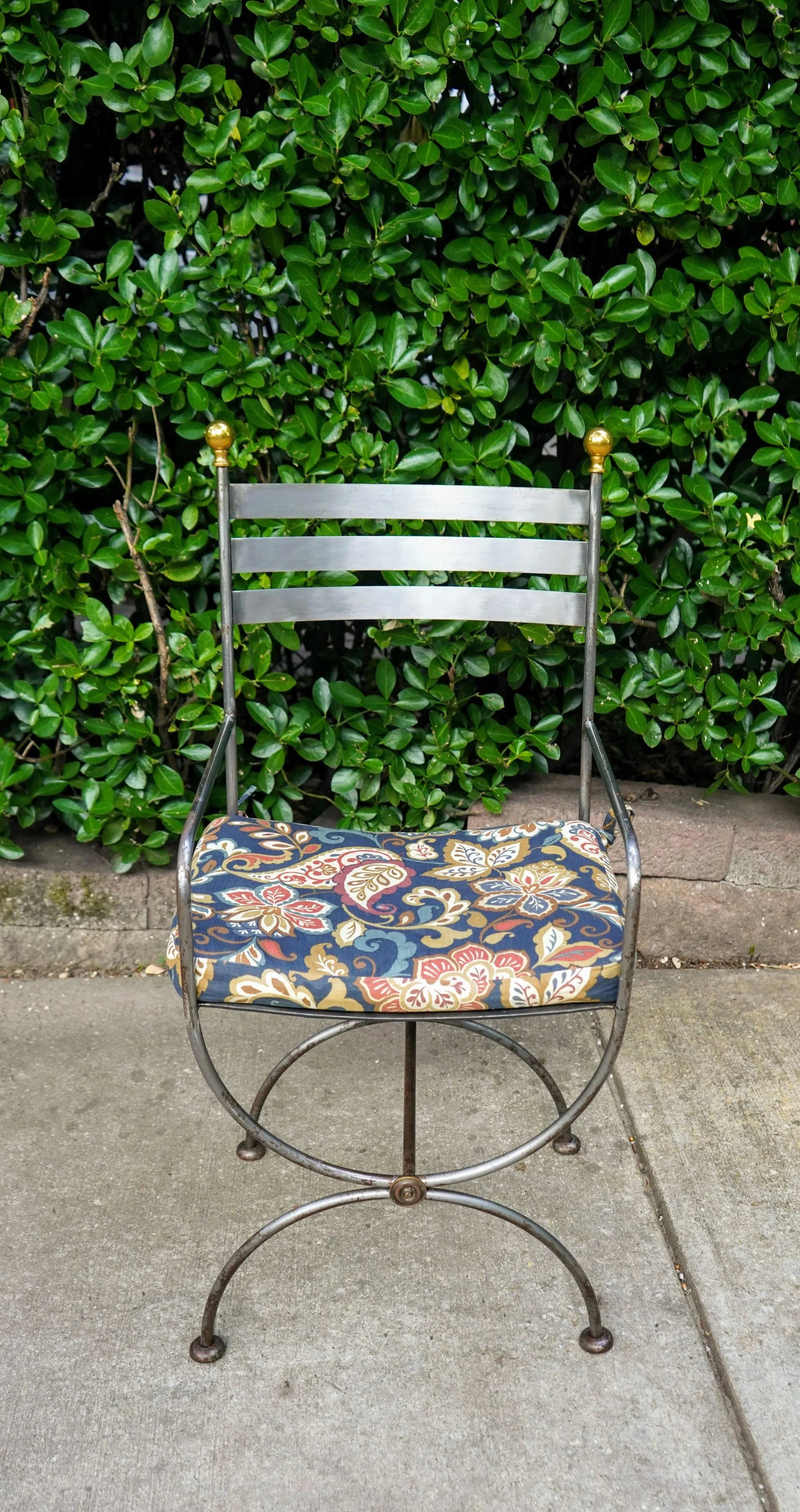 Vintage Savonarola Style Wrought Iron & Brass Round Glass Top Dining Table & 4 Campaign Chairs - 4
