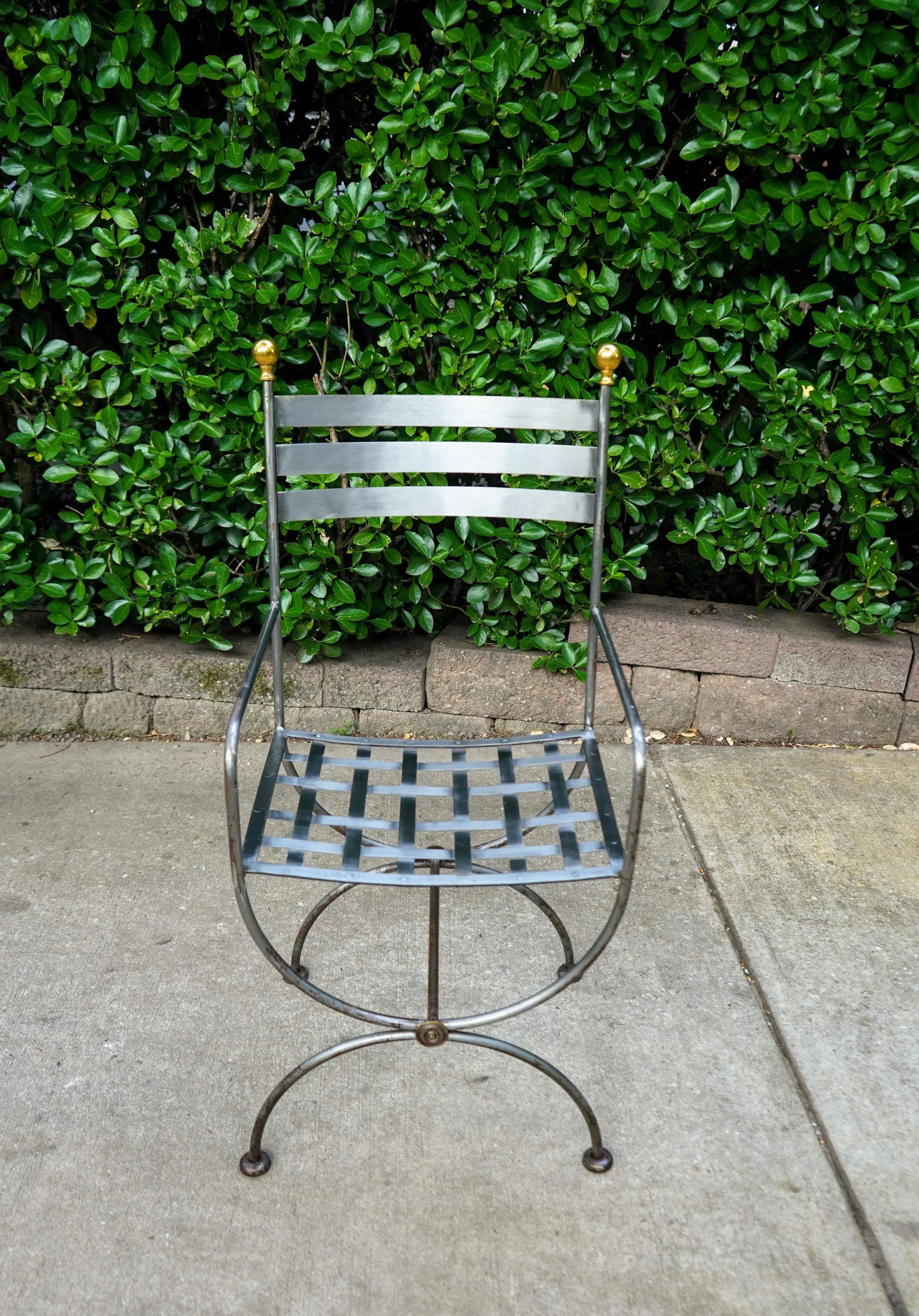 Vintage Savonarola Style Wrought Iron & Brass Round Glass Top Dining Table & 4 Campaign Chairs - 7