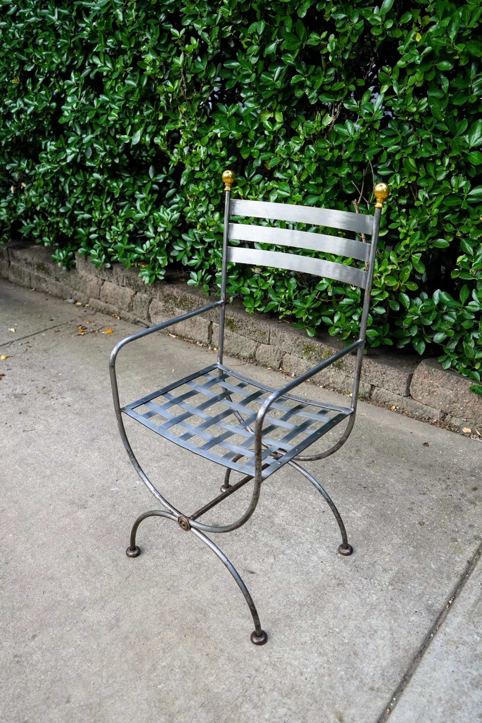 Vintage Savonarola Style Wrought Iron & Brass Round Glass Top Dining Table & 4 Campaign Chairs - 8