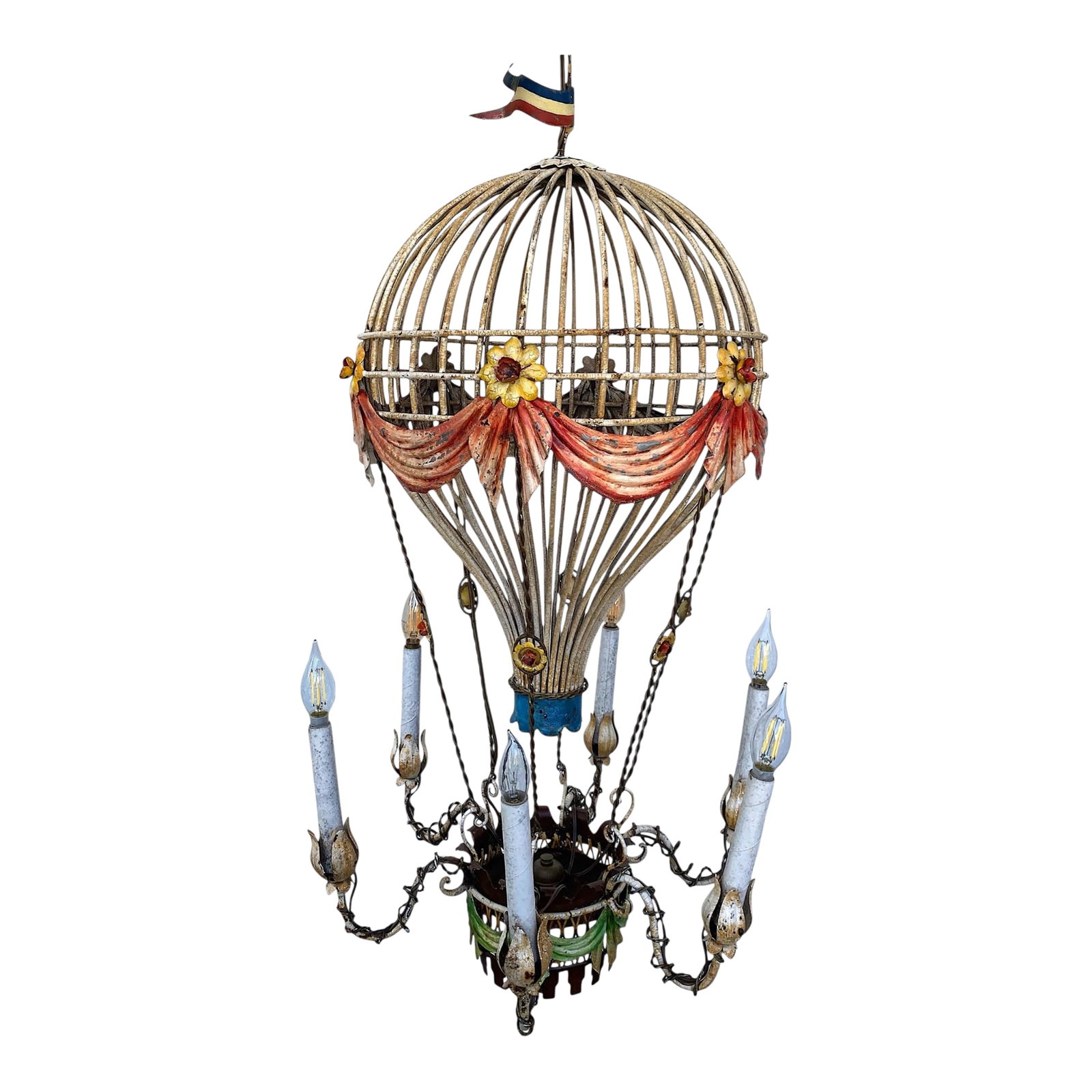 Vintage Mid Century French Tole Hot Air Balloon Chandelier, Circa 1950s: Lovely, Whimsical, Vintage, French Style, metal tole, Hotair balloon chandelier, made in Italy, 1950s. This chandelier is in very good condition for the age and use of the item. It has original aged